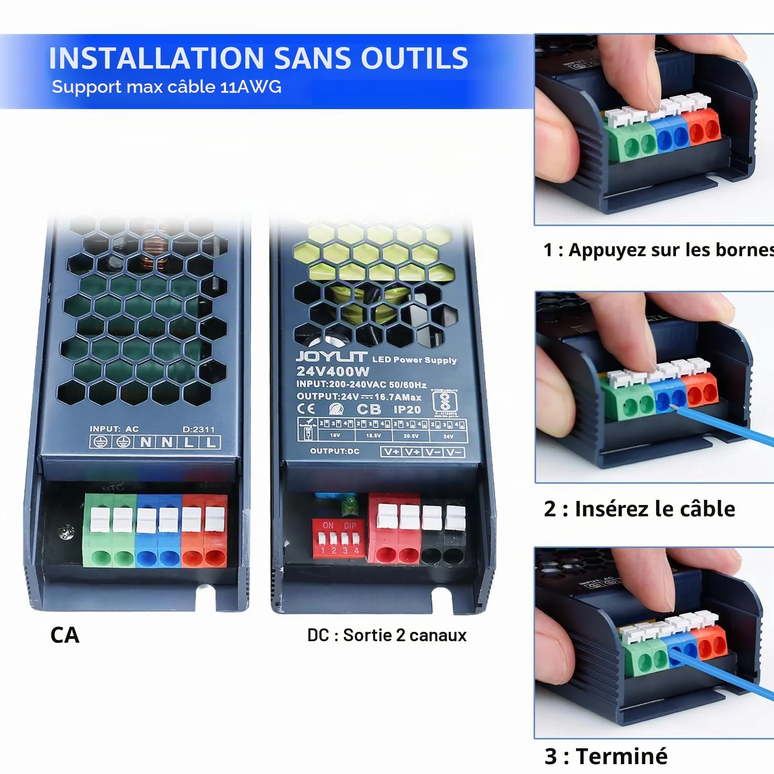 JOYLIT Alimentation 24V 150W Professionnelle, Transformateur AC-DC 24 Volt 6.25A Ultra Mince, Réglage Tension 4 Niveaux 24VDC LED Driver