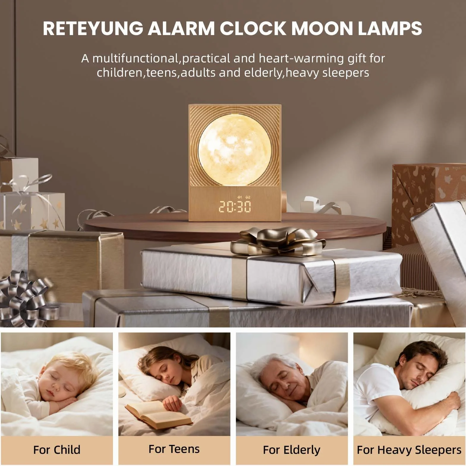 RETEYUNG Réveil Simulateur d'Aube avec Lampe Lunaire Rotative 15 Sonneries Veilleuse 8 Couleurs 3 Luminosités 10 Sons Naturels