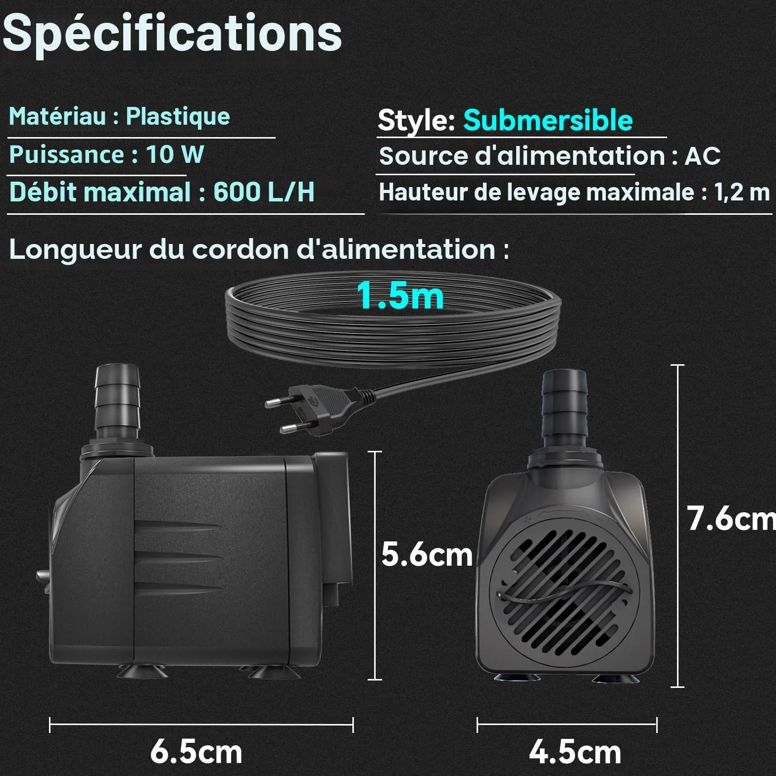Pompe Submersible 10W 600L/h pour Étang Fontaine Aquarium Ultra-Silencieuse avec Câble 1.5m
