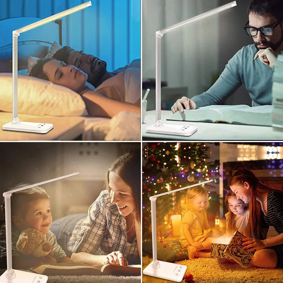 SLATOR Lampe de Bureau LED, Dimmable, 5 Modes de Couleur, 10 Niveaux de Luminosité, Contrôle Tactile, Protection des Yeux, Port USB, Minuterie