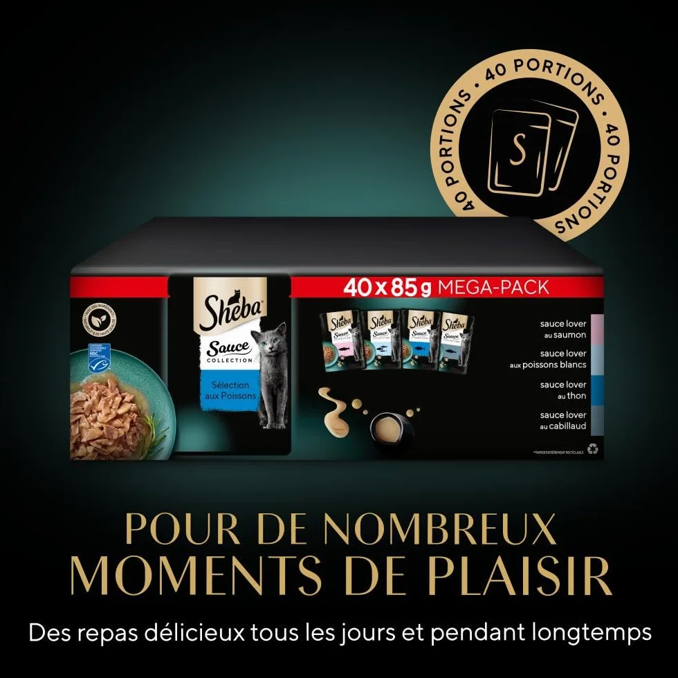 Sheba Sauce Collection Sachets fraîcheur Nourriture Humide aux Poissons pour Chat Adulte 40x85g