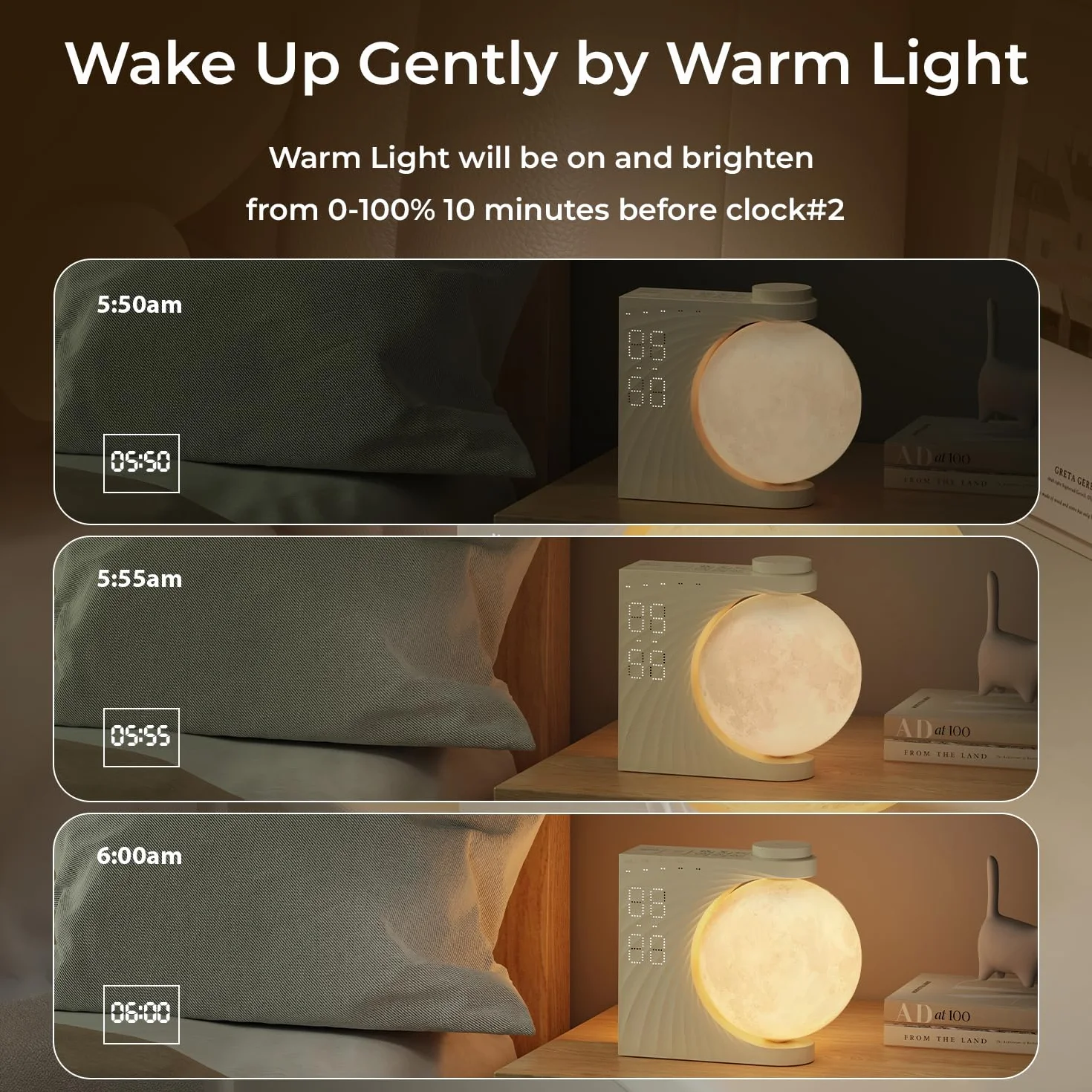 Lampe de Lune avec Réveil Lumineux LED 8 Couleurs, Machine Sonore, Double Alarme, Snooze, 10 Sons Nature