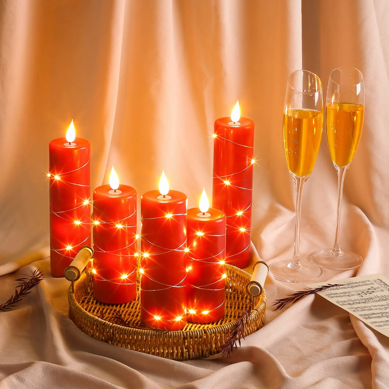 Bougies LED en Cire Rouge avec Guirlande Lumineuse, Flamme Scintillante Réaliste, Télécommande Incluse