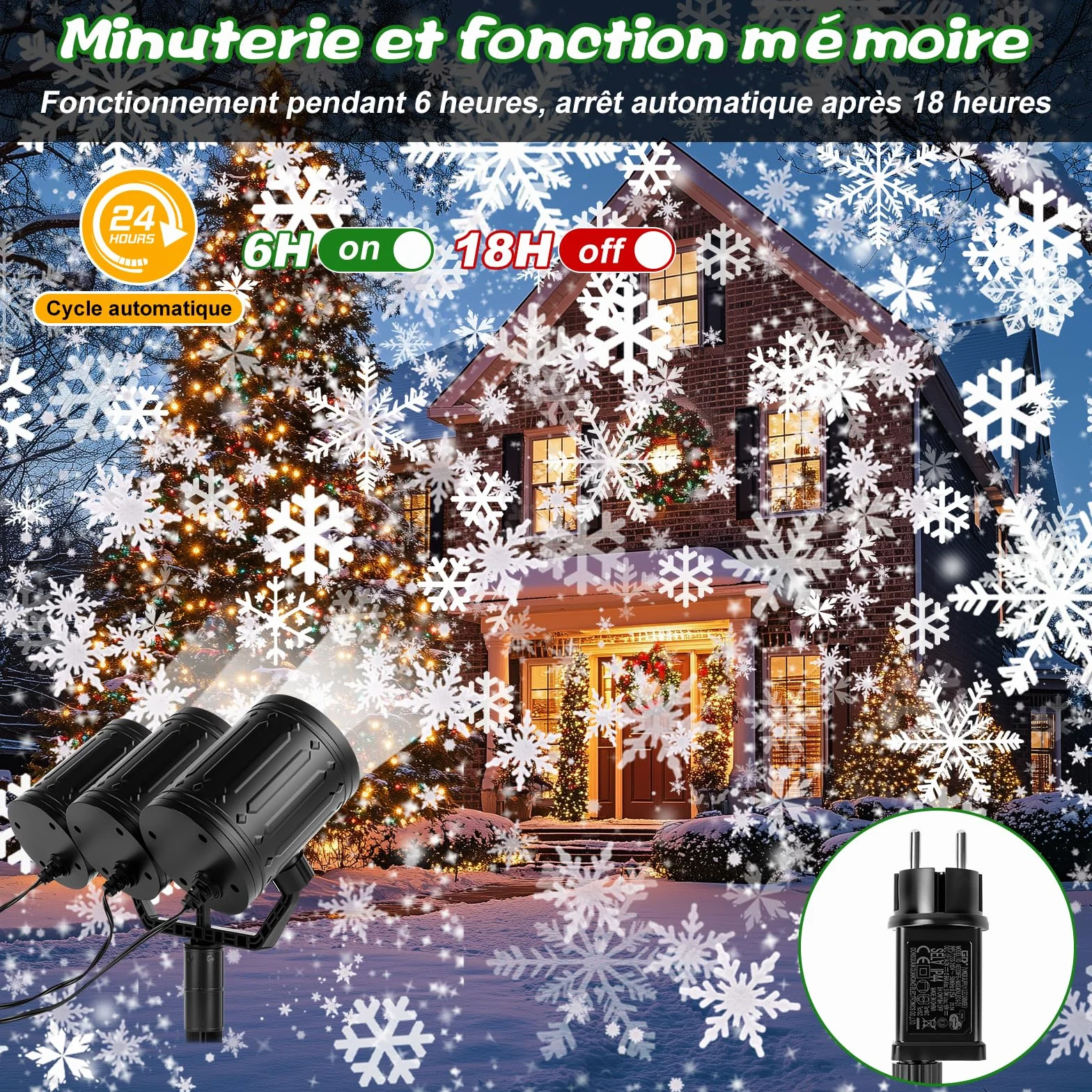 Charmofun Projecteur de Noel Exterieur 3 Têtes Flocons de Neige Dynamique IP44 Étanche Temporisé Déco Lumineuse Noël