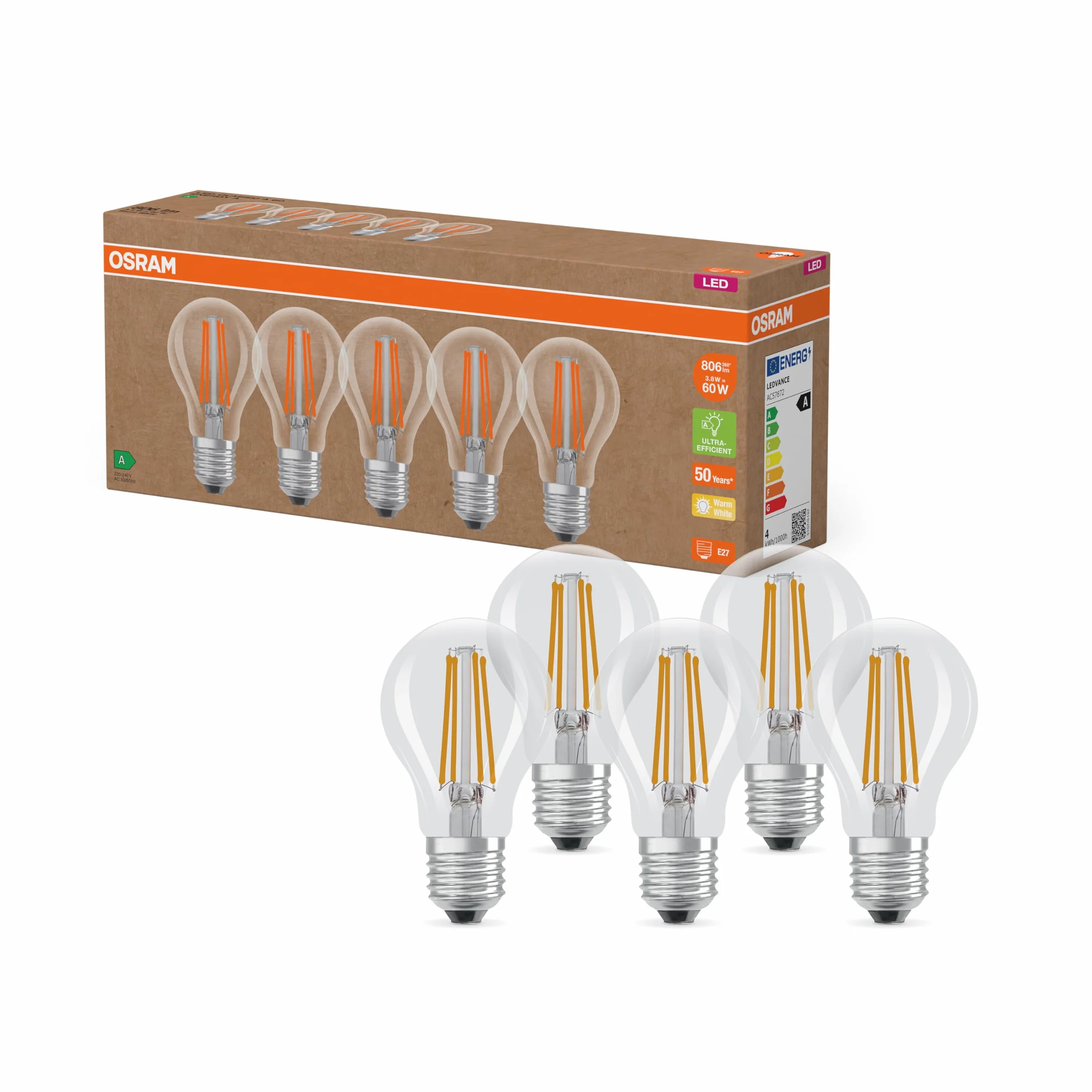 Osram Ampoules LED E27 5 Pack Blanc Chaud 60W Remplacement