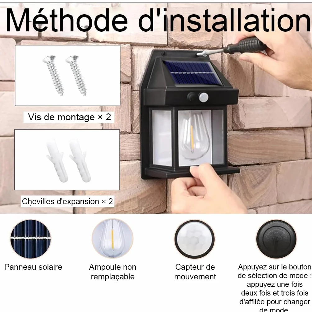 Lanterne Murale Solaire Étanche IP65 avec Détecteur de Mouvement 3 Modes 1200mAh, Éclairage Sécurité pour Jardin (Blanc chaud)