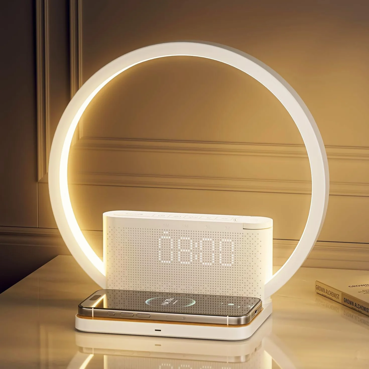 Lampe de chevet tactile avec chargeur sans fil Qi 10W, réveil lumineux 10 sons, 3 niveaux de luminosité chambre