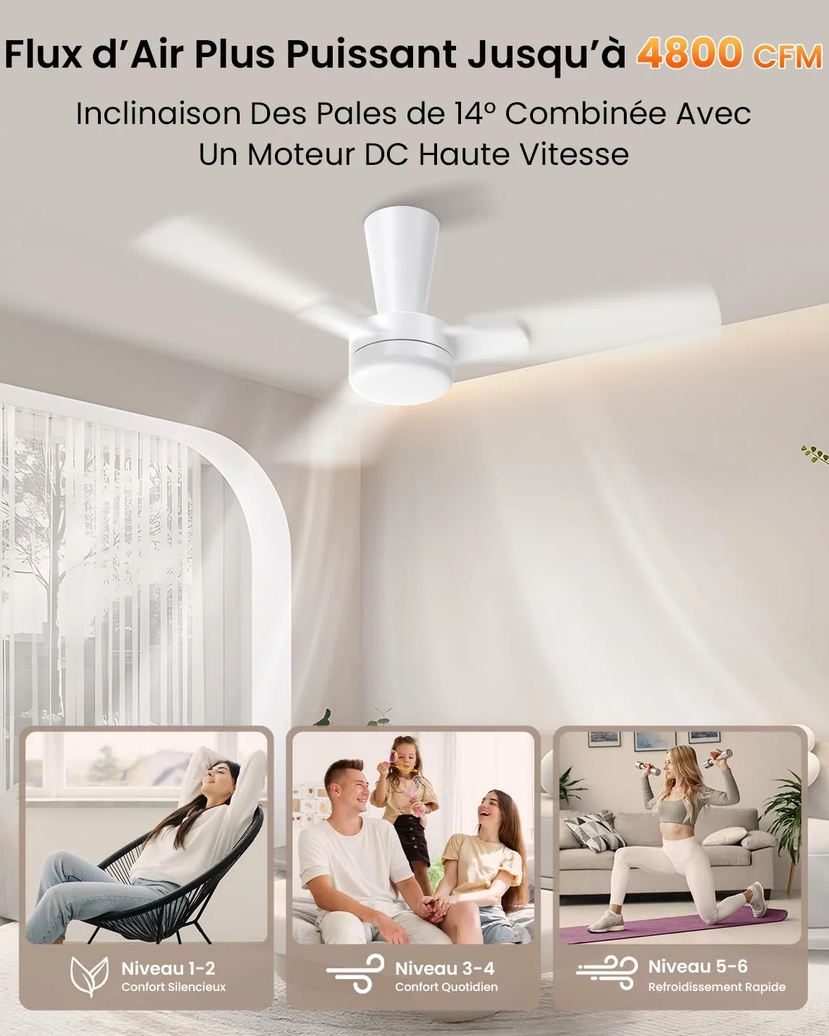 Ventilateur Plafond 106cm avec Lumière Silencieux, Télécommande, LED Dimmable, 6 Vitesses, Moteur DC Réversible