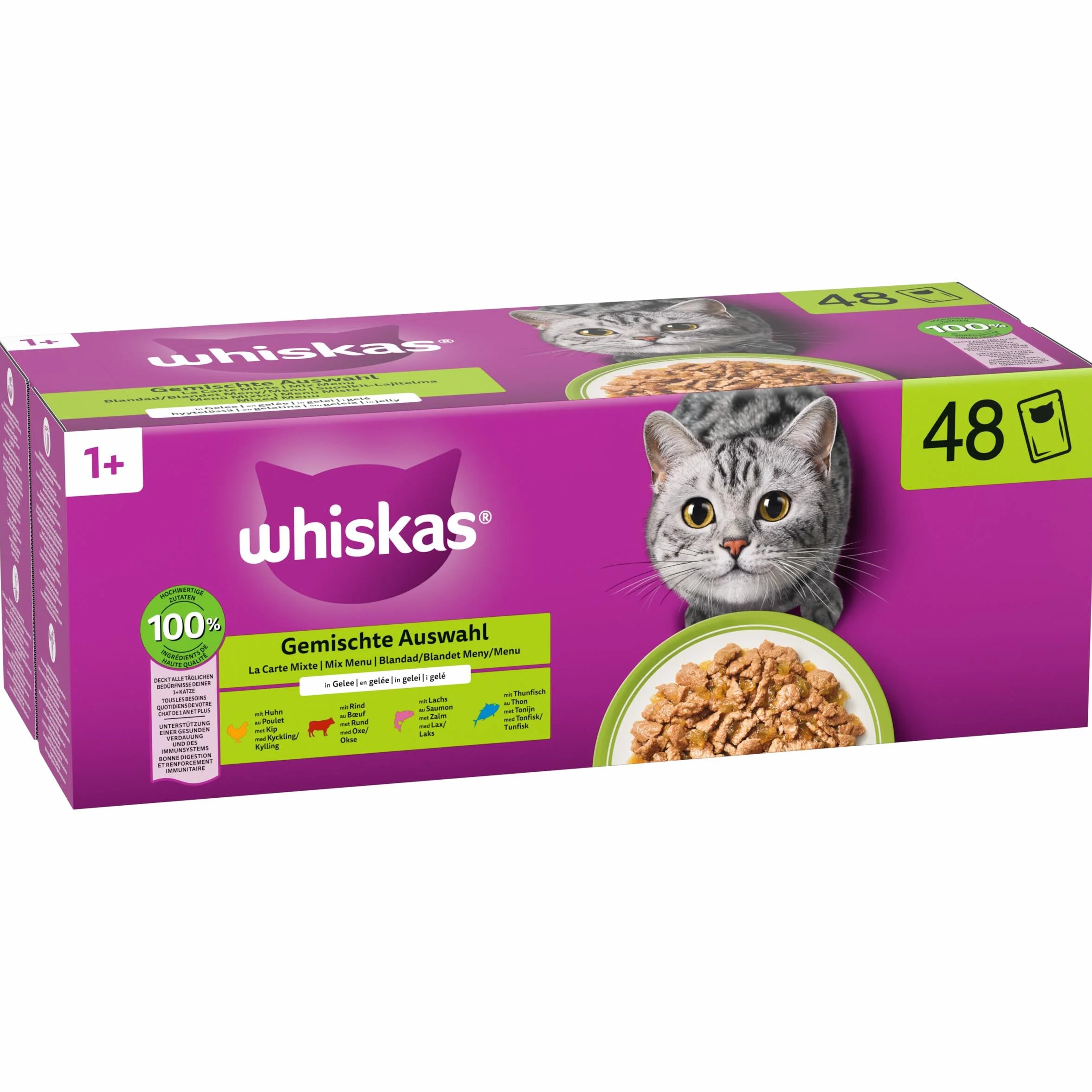 WHISKAS Repas 48 Sachets Fraîcheur La Carte Mixte Pâtée pour Chat Adulte en Gelée Nourriture Humide Complète