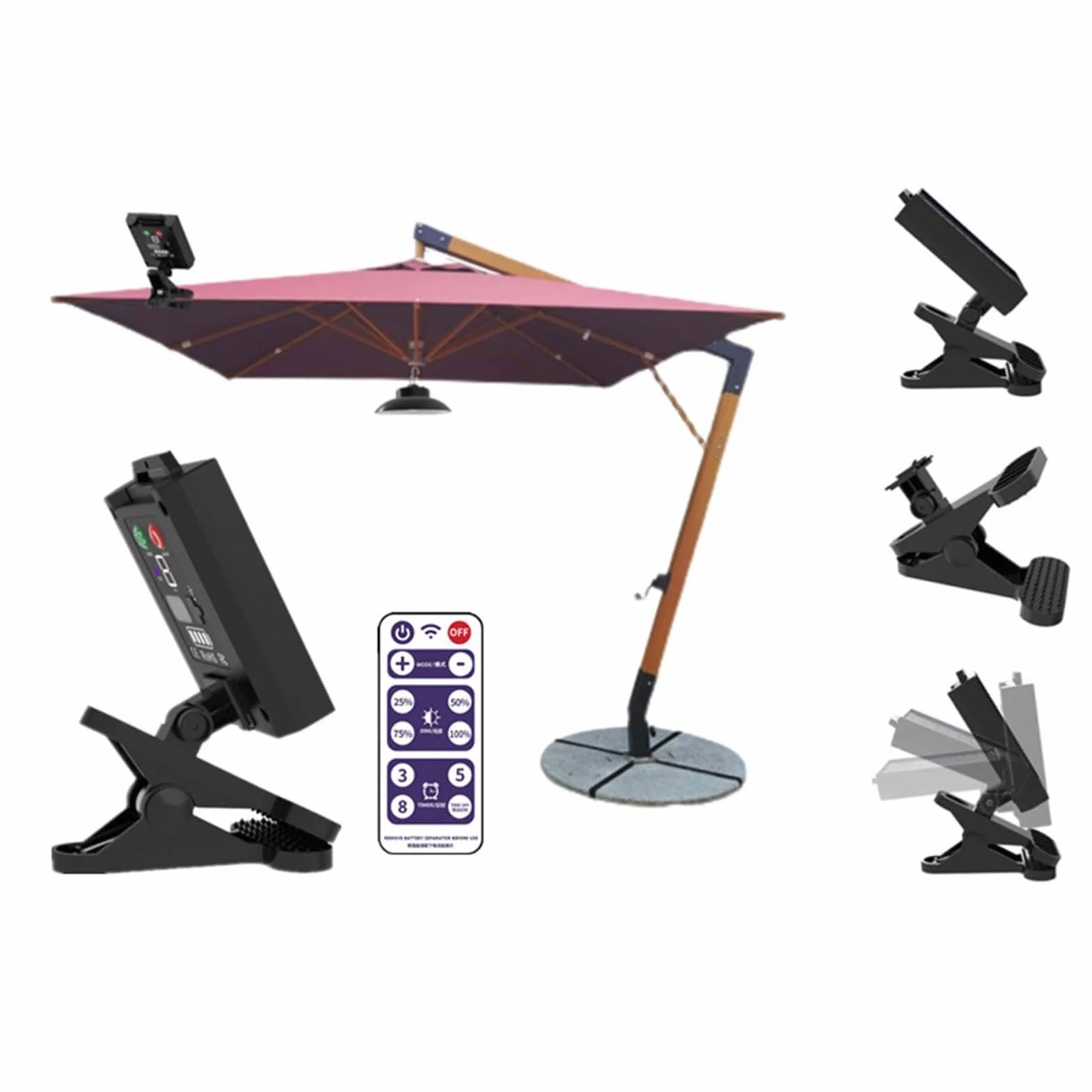 Lampe solaire pour parasol avec télécommande, étanche, LED rechargeable, clipser