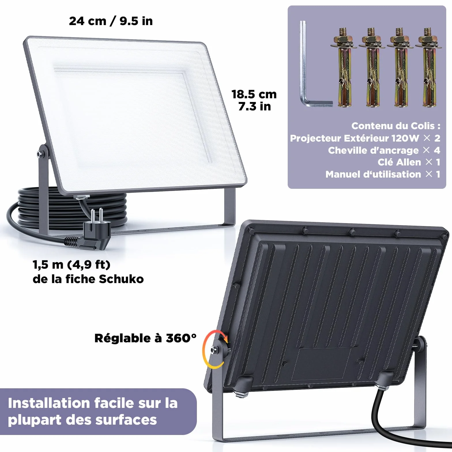 Projecteurs LED 120 W 14400 lm IP66 6500 K Lot de 2