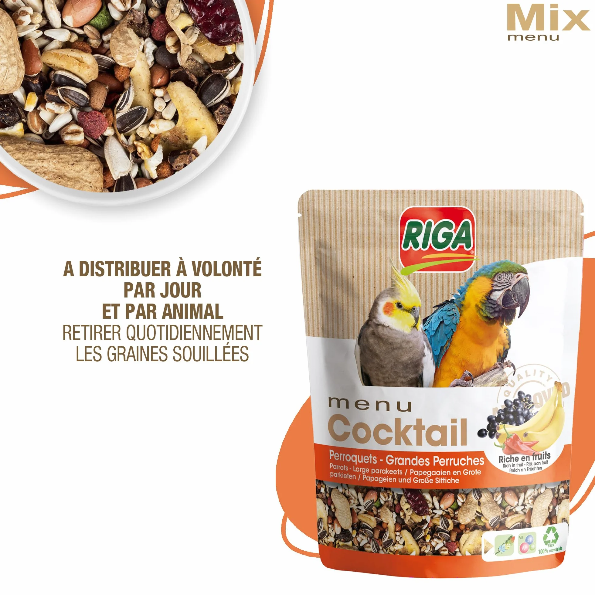Menu Cocktail Friandise Grandes Perruches et Perroquets Mélange de Graines Riche en Fruits Doypack 500g