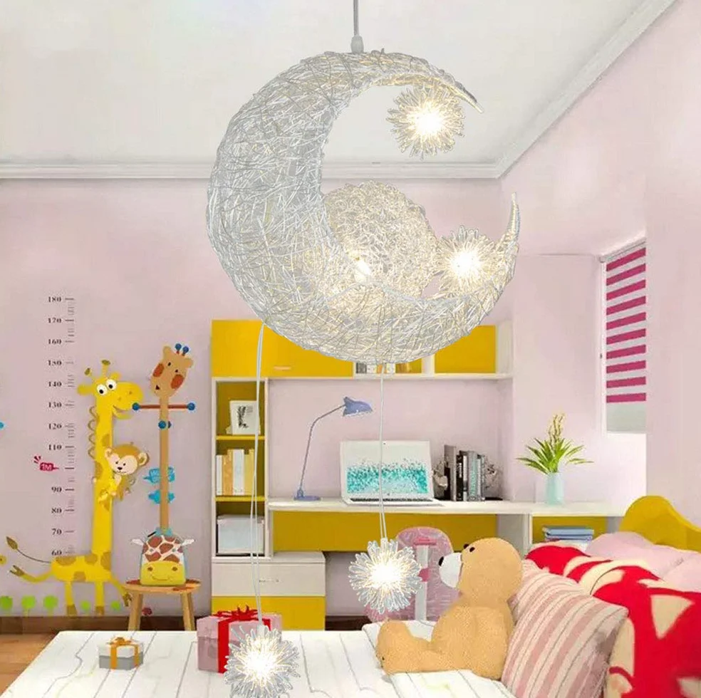 Lustre Suspension Lune étoiles LED Plafonnier Luminaire Aluminium 5 Ampoules Enfants Chambre