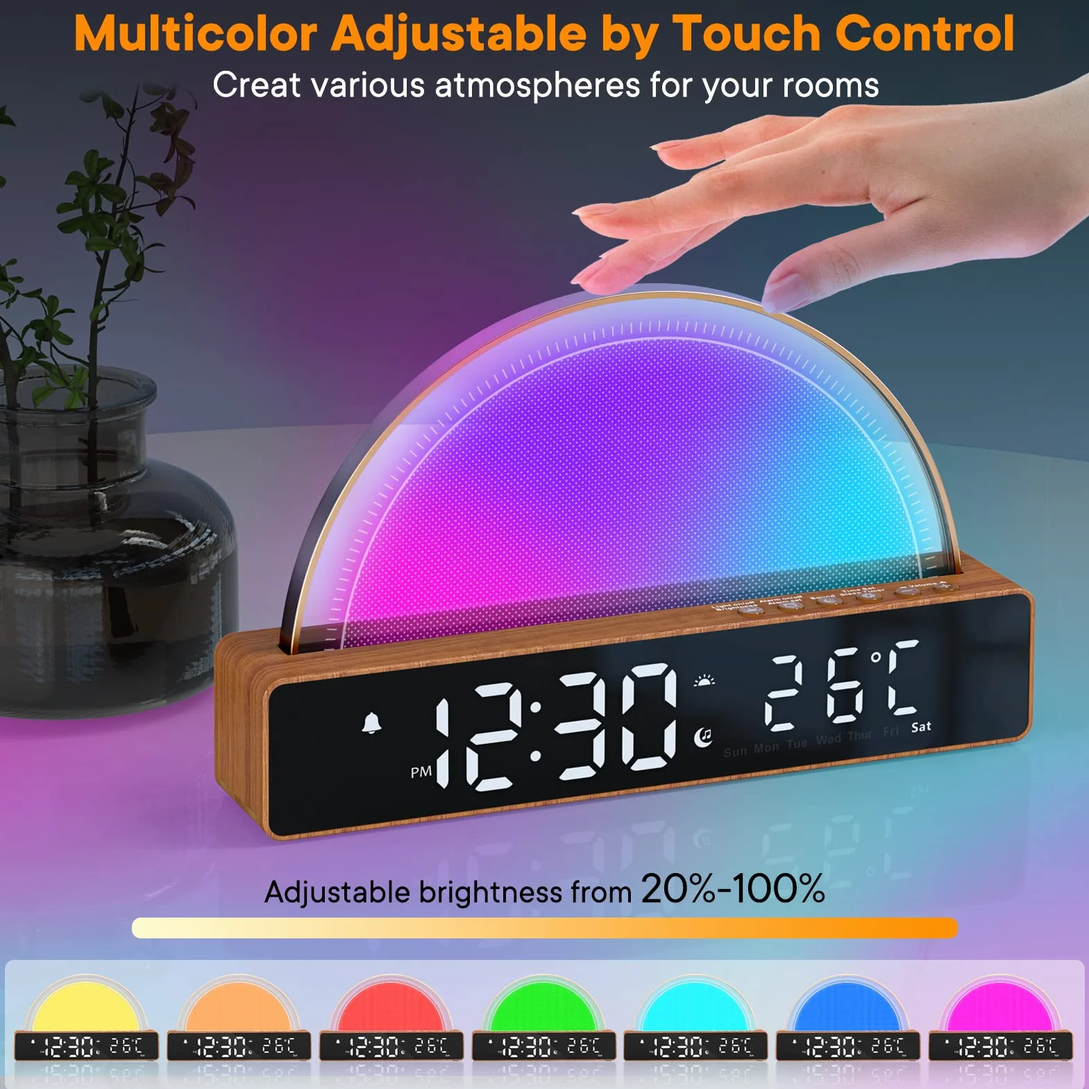 Réveil Lumineux Simulation Lever du Soleil Snooze 6 Sonneries 10 Sons Sommeil Minuterie Affichage Température 7 Couleurs Changeantes