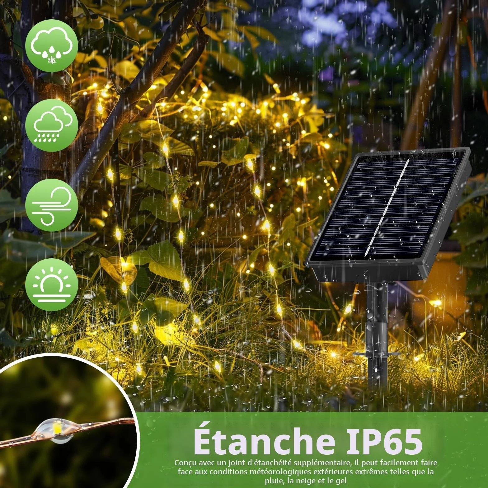 Guirlandes solaires d'extérieur IP65 8 modes 16+2m 160 LED Blanc chaud Lot de 2
