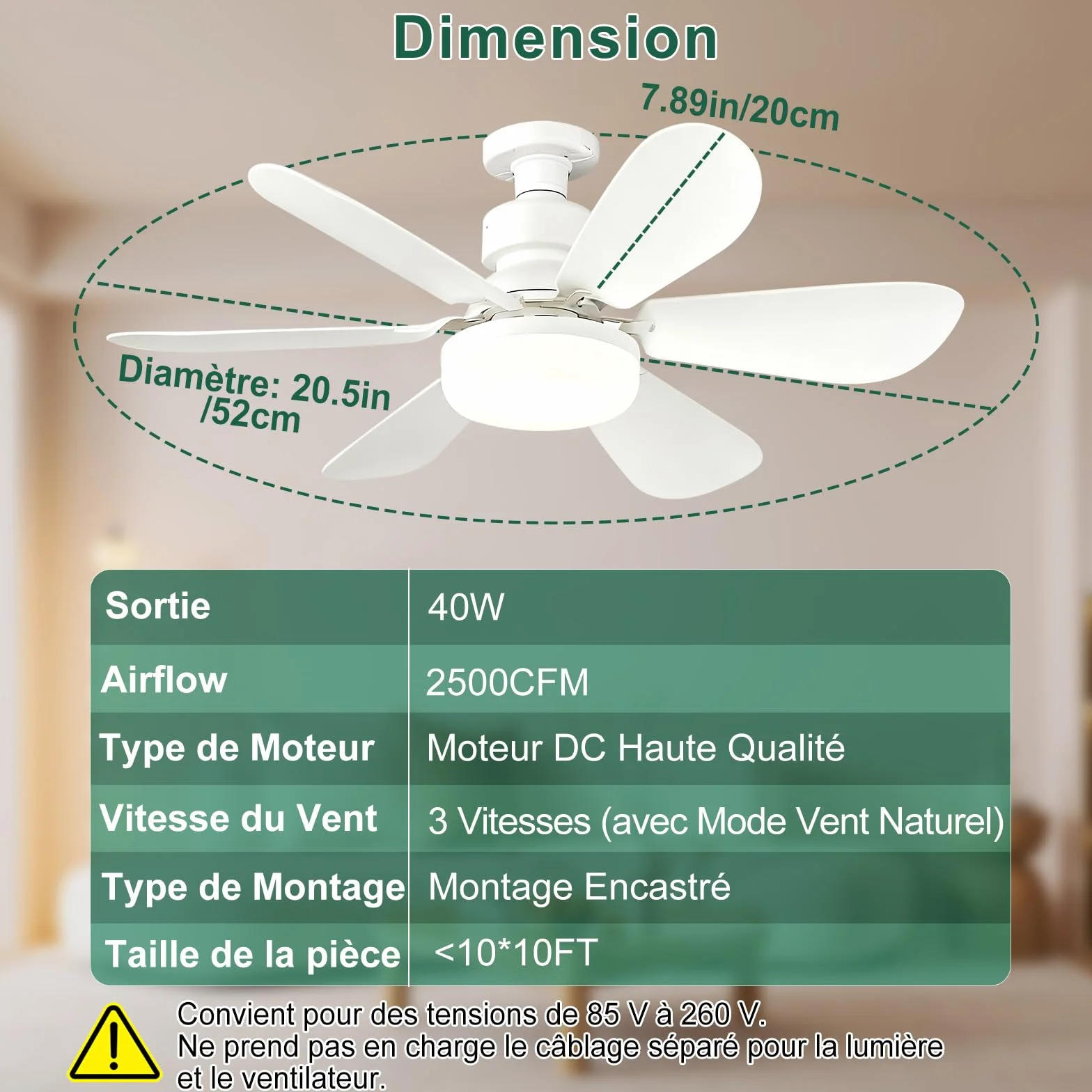 Ventilateur de Plafond avec Lumière Télécommande 52CM 30W 1800 Lumen 3000-6500K 3 Couleurs 3 Vitesses E27 Blanc