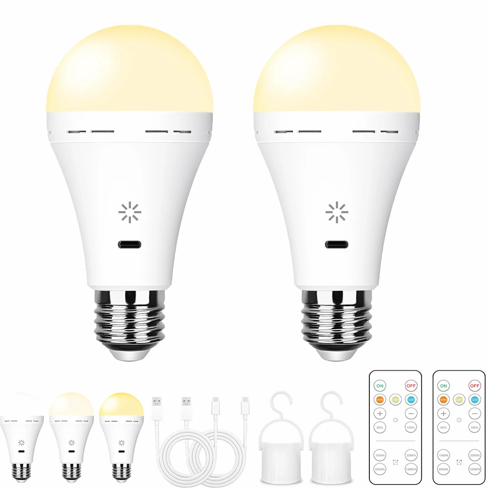 Ampoule LED Rechargeable USB E27 7W Dimmable 2600mAh 3 Températures de Couleur Avec Télécommande 2 Pack