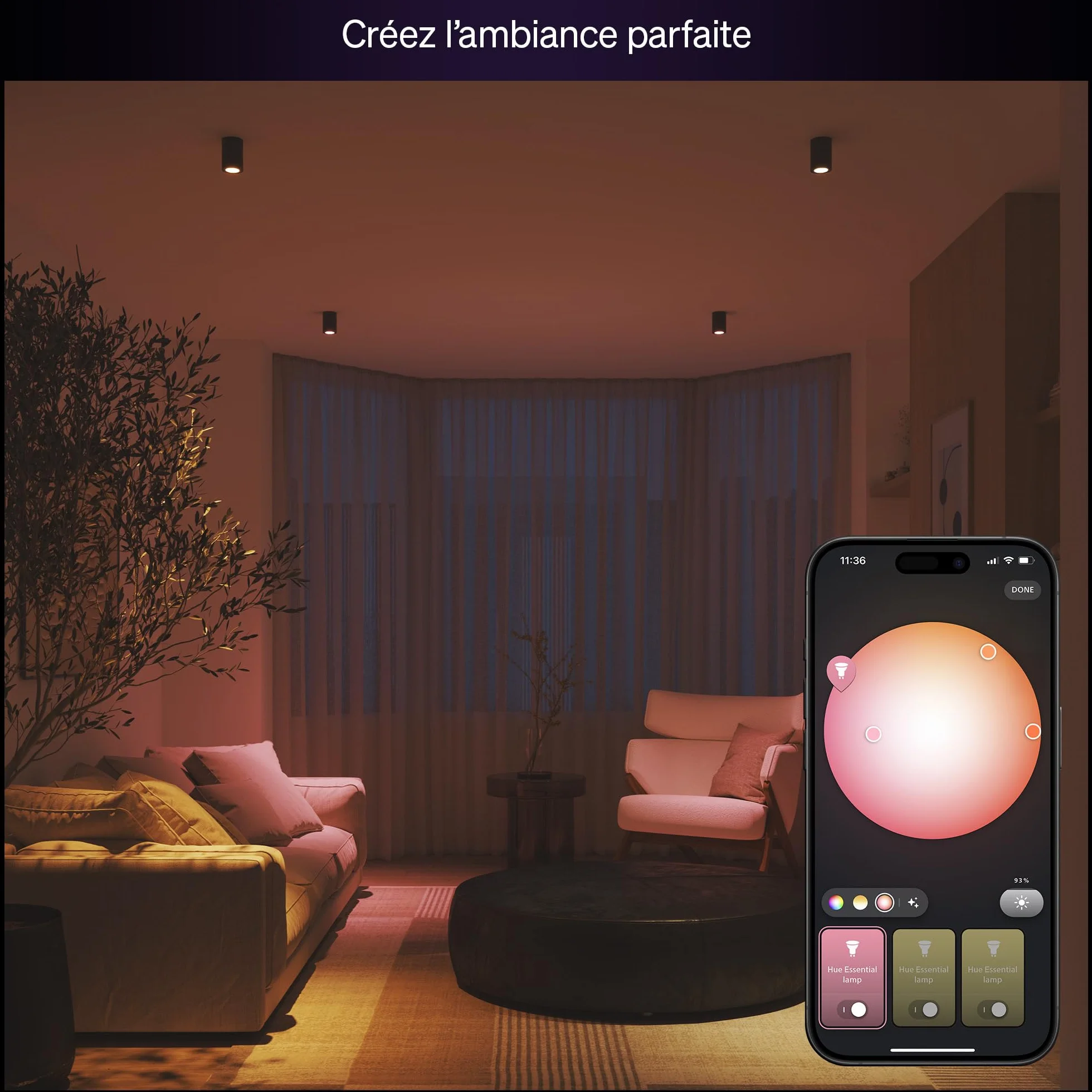 Philips Hue Essential Spot LED Connecté GU10 White and Color Ambiance 4,7W 2200-6500K 345lm Lot de 4
