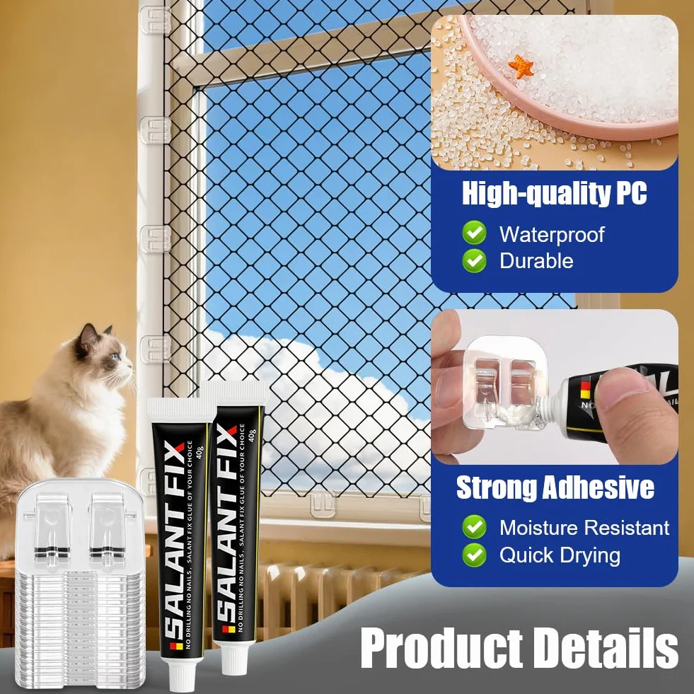 Crochets Fixations pour Filets Chats, Lot de 50 Crochets Adhésifs et Colle Silicone sans Perçage