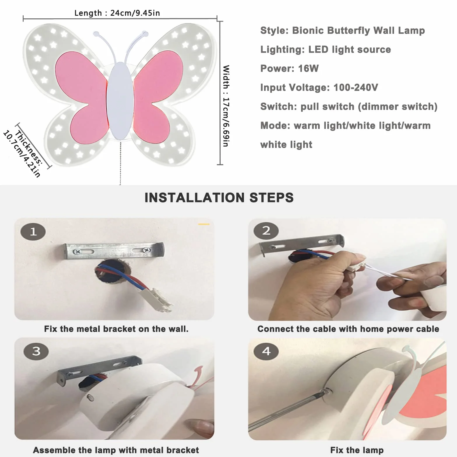 Applique Murale LED 16W avec Interrupteur, Lampe Murale Papillon Rose 3 Températures de Couleur