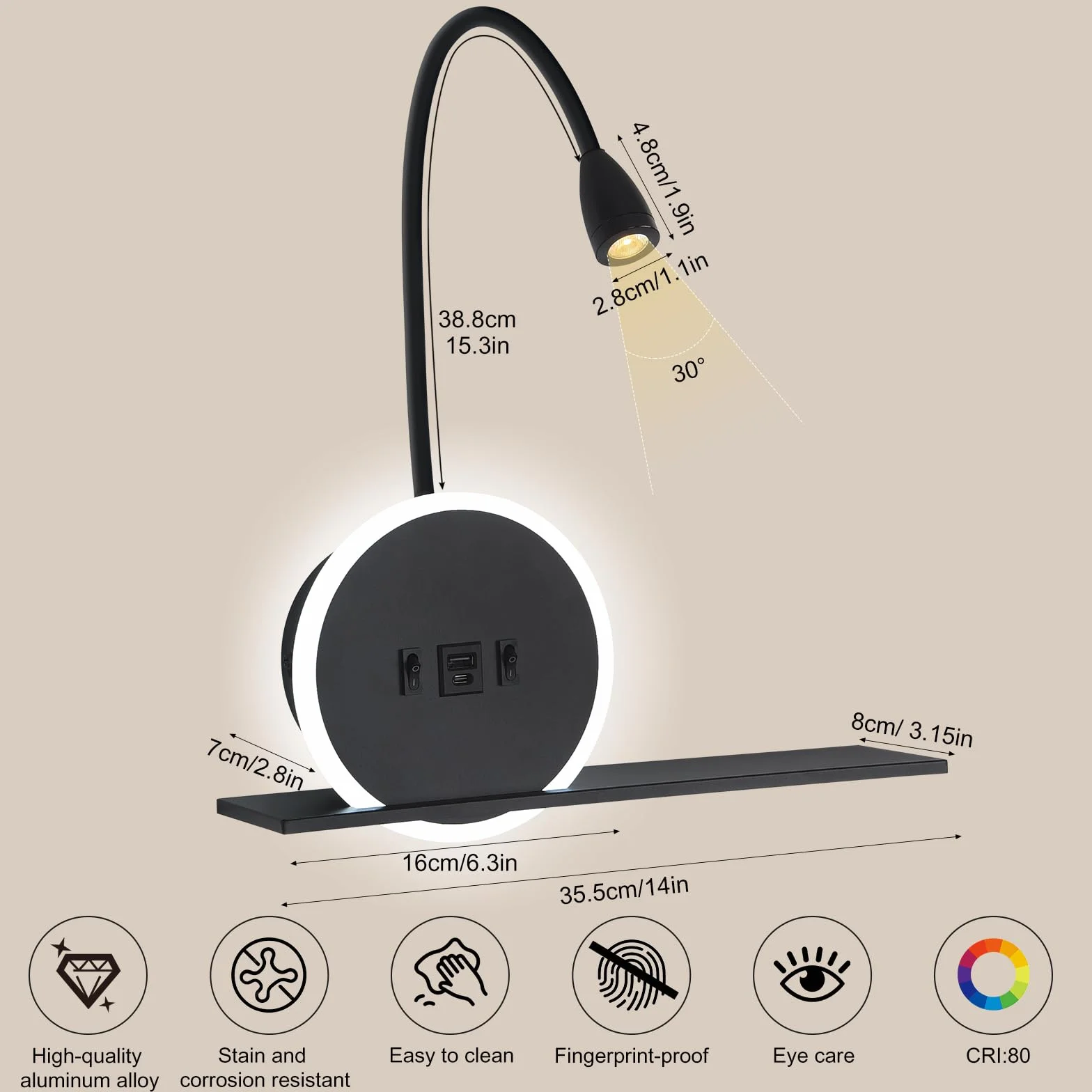 Lampe de chevet LED 2 pièces avec interrupteur, port USB-C, 3W 3000K + 9W 6000K, applique tête de lit noir
