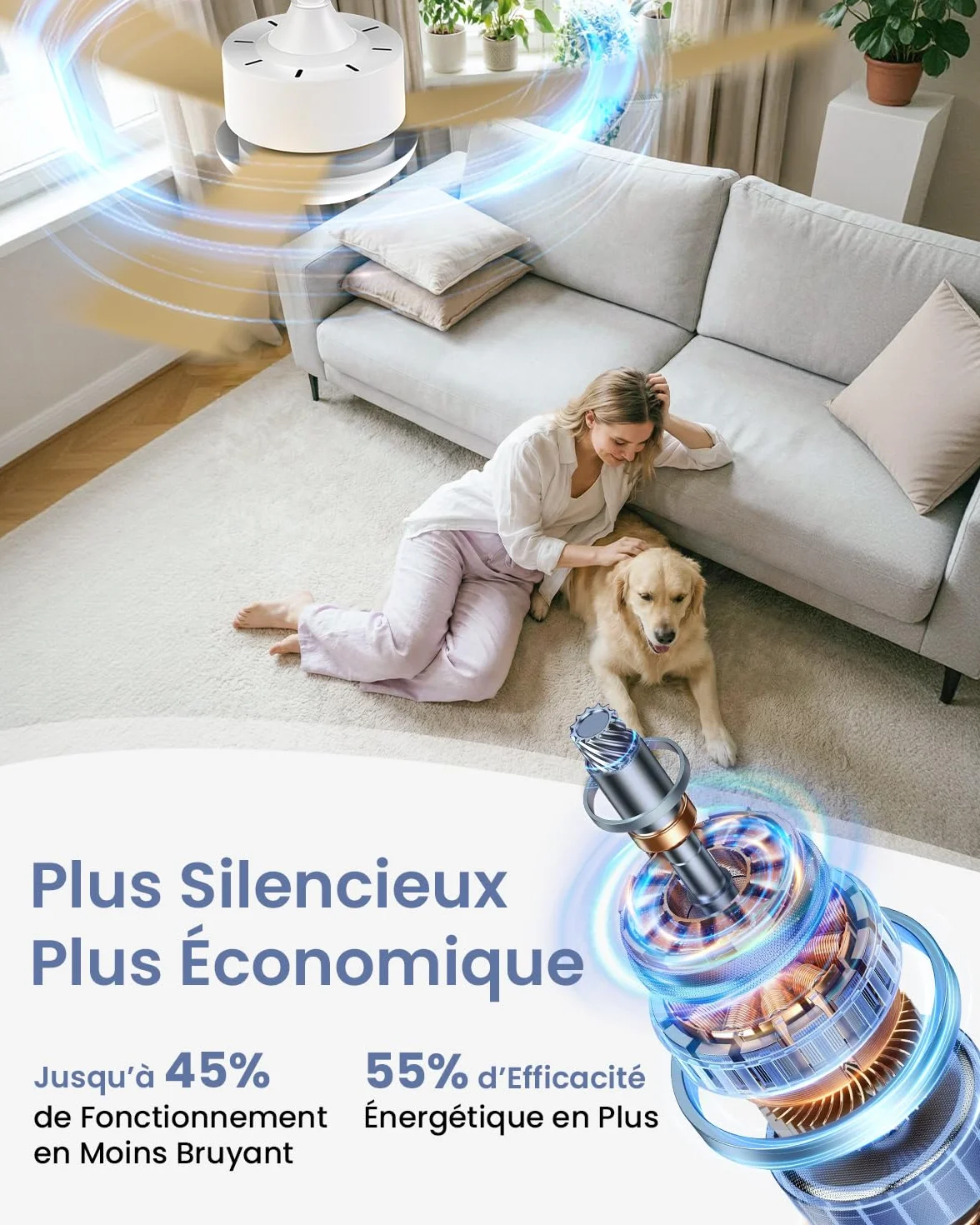 Airwit Ventilateur Plafond avec Lumière 106cm, Pales Bois, Silencieux, Télécommande, LED Dimmable, Moteur DC Réversible, 6 Vitesses