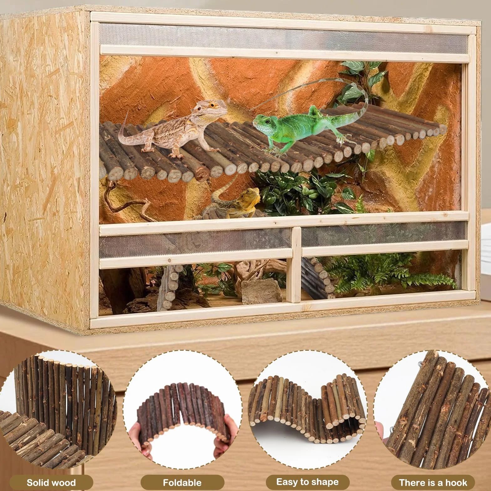 QUOZUO Lot de 2 cachettes en bois pliables pour reptiles