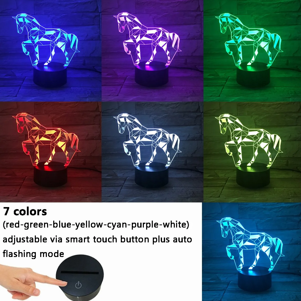 SYSIS 3D Lampe Illusion Optique LED Veilleuse 7 Couleurs Tactile avec Câble USB Cheval