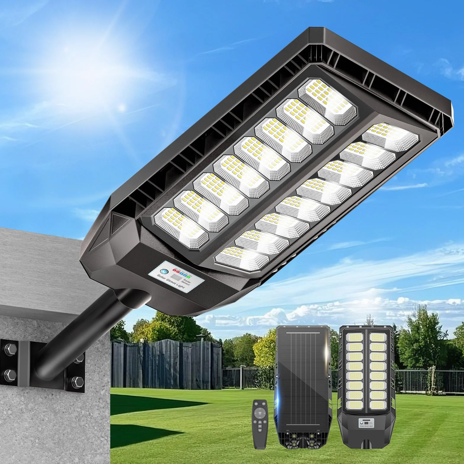 Adewalk 800W lampadaire solaire extérieure IP66 avec télécommande et capteur de mouvement 6500K LED