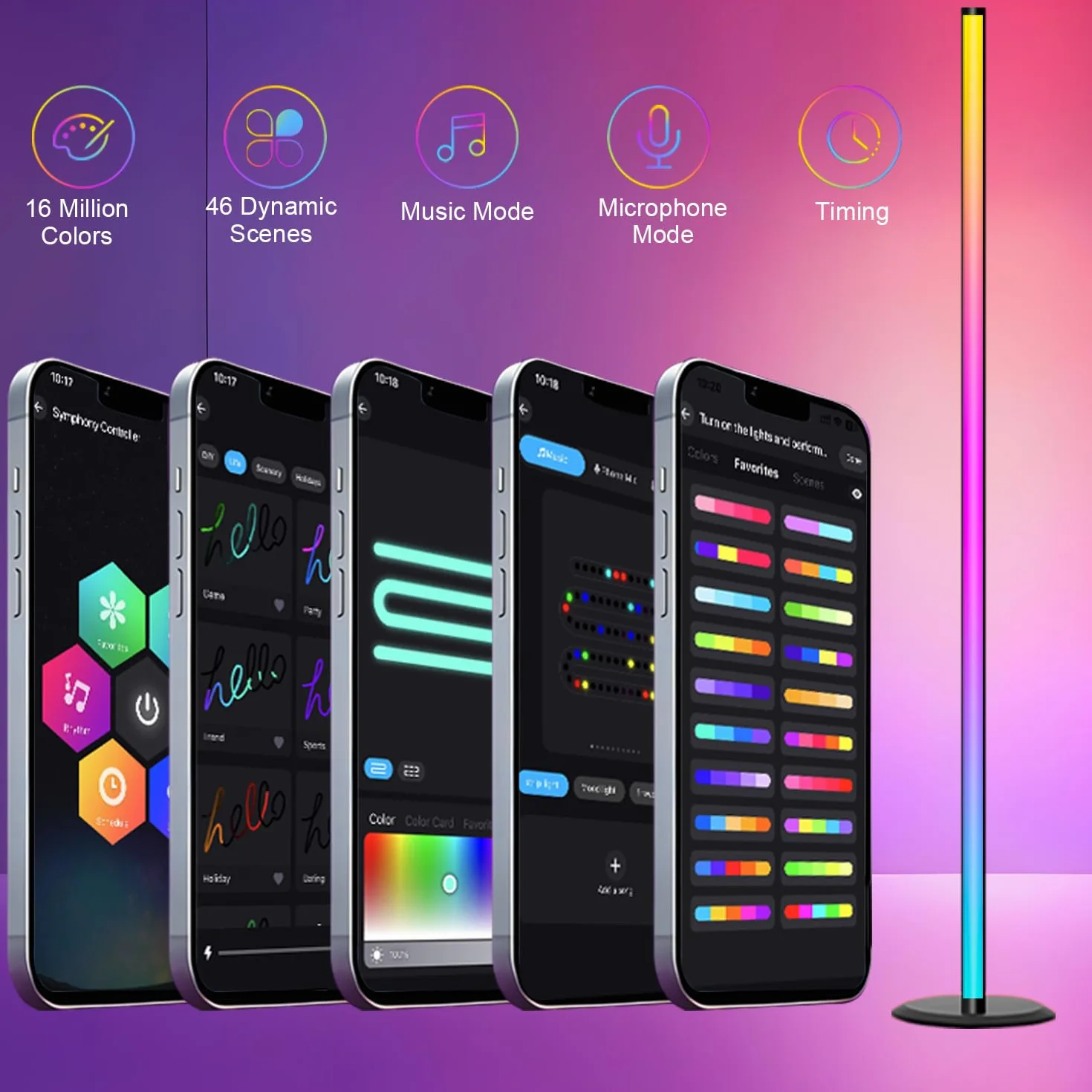 Lampadaire LED RGB 16 Millions Couleurs, Dimmable avec Télécommande et APP, 46 Modes Scène, Sync Musique, Noir