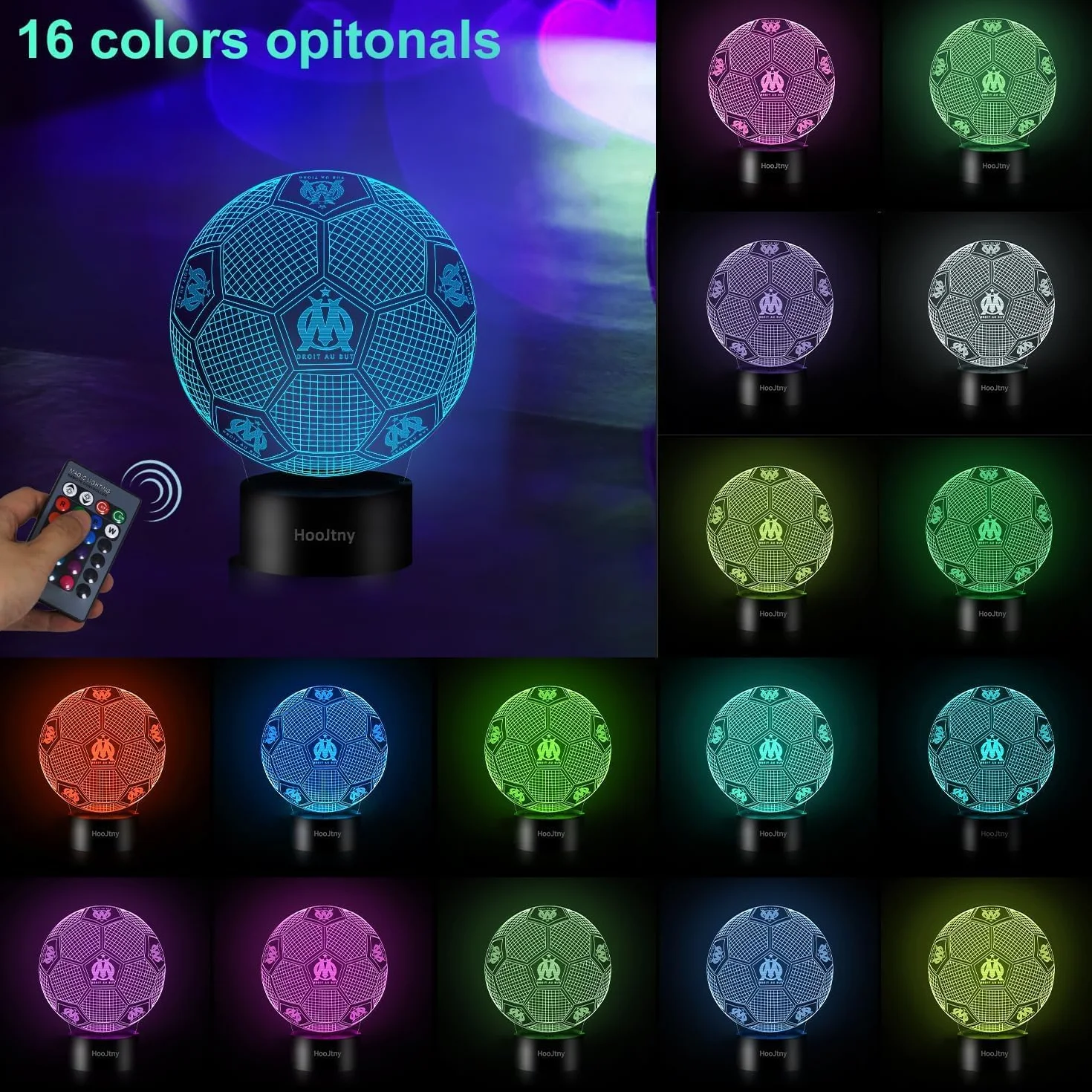 Veilleuse Marseille Football Enfant Lampe 3D LED 16 Couleurs USB Rechargeable Cadeau Garçon Fan de Foot