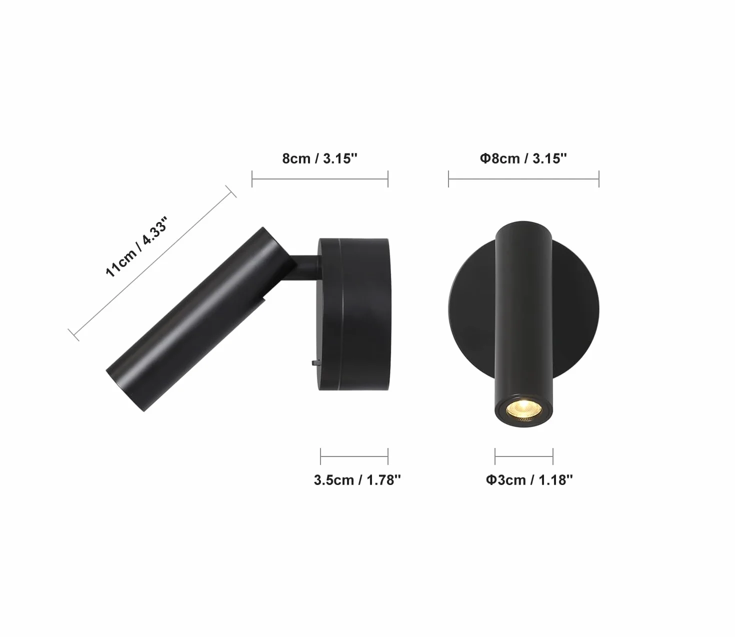 Applique Murale LED Interieur 3W 3000K Liseuse de Chevet avec Interrupteur Spot Réglable Noir Aluminium