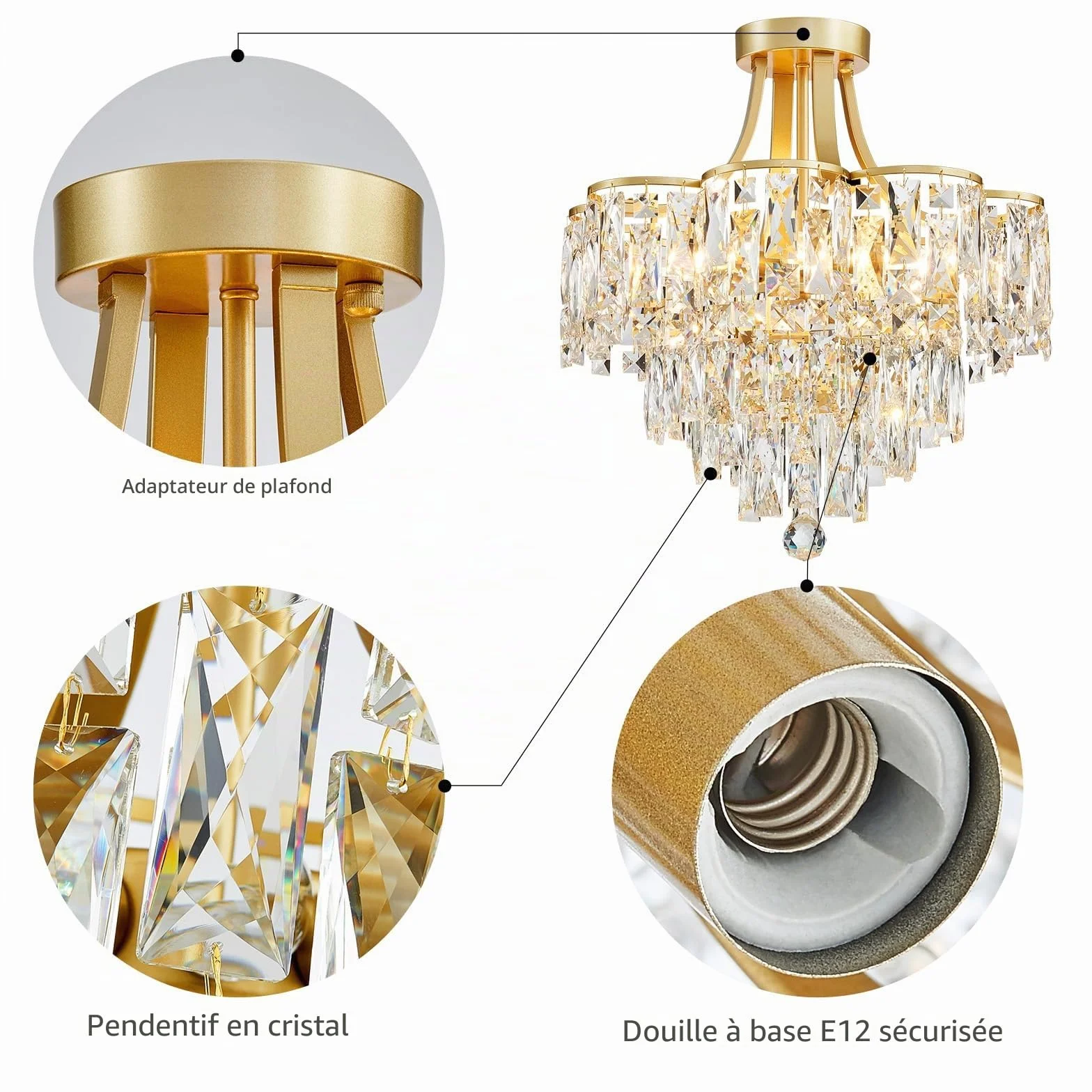 WUZUPS Crystal Chandelier Plafonnier encastré Luminaire moderne pour Chambre à coucher Hallway Bar Cuisine Salle de bain, H 49 x L 46. 5, E14 Base, Gold