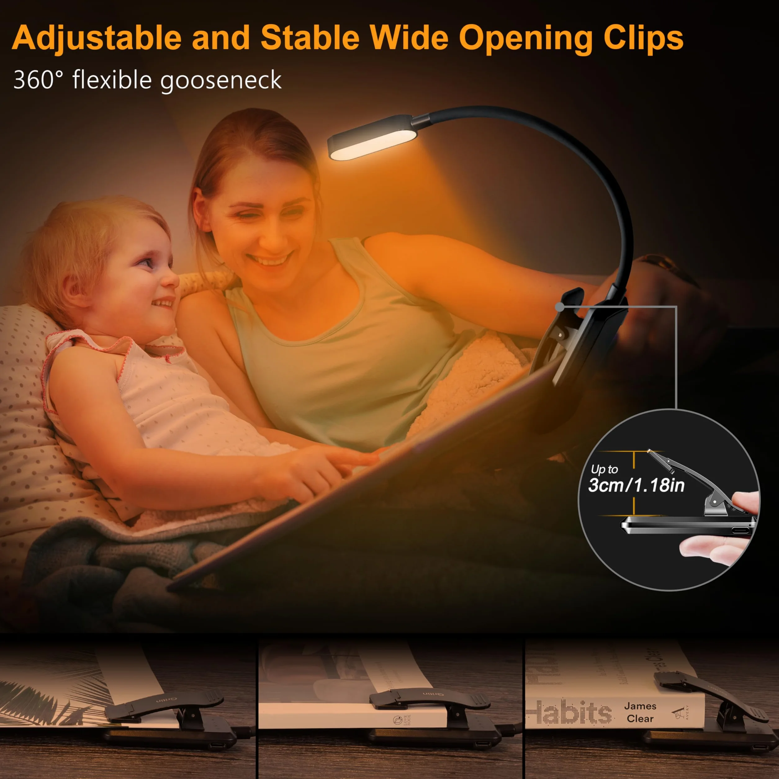 Gritin Lampe de Lecture 16 LED Rechargeable, Gradation Progressive, 3 Modes Protection des Yeux, 360° Cou Flexible