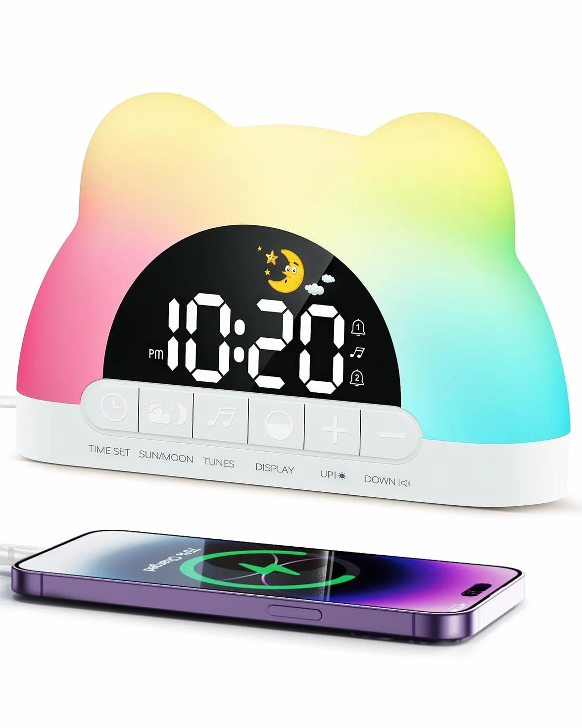 Horloge Sommeil Bébé avec Veilleuse LED RGB 11 Couleurs, Double Alarme, 10 Sons Apaisants, Jour/Nuit