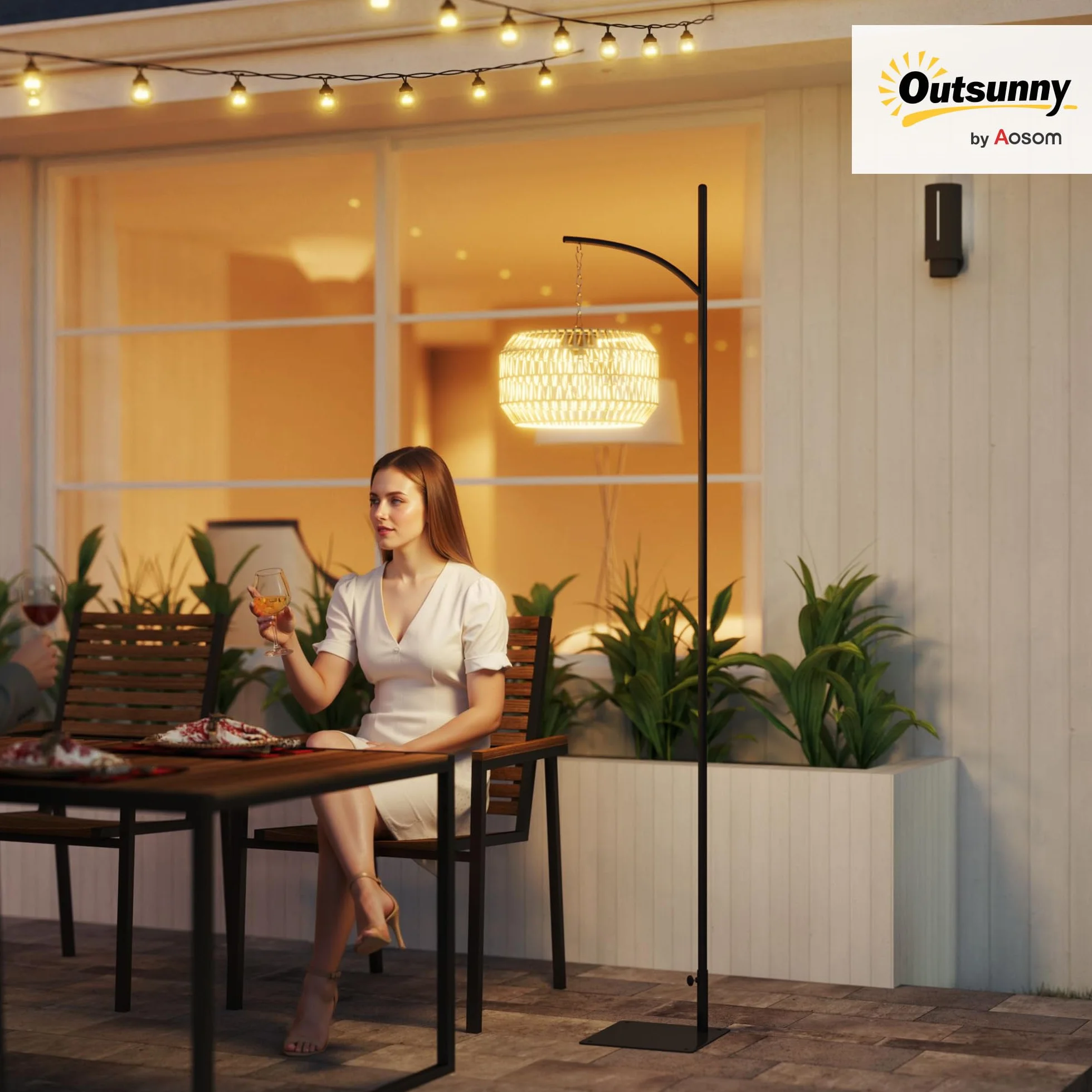 Lampadaire solaire extérieur Outsunny 178 cm résine tressée IP44 jaune