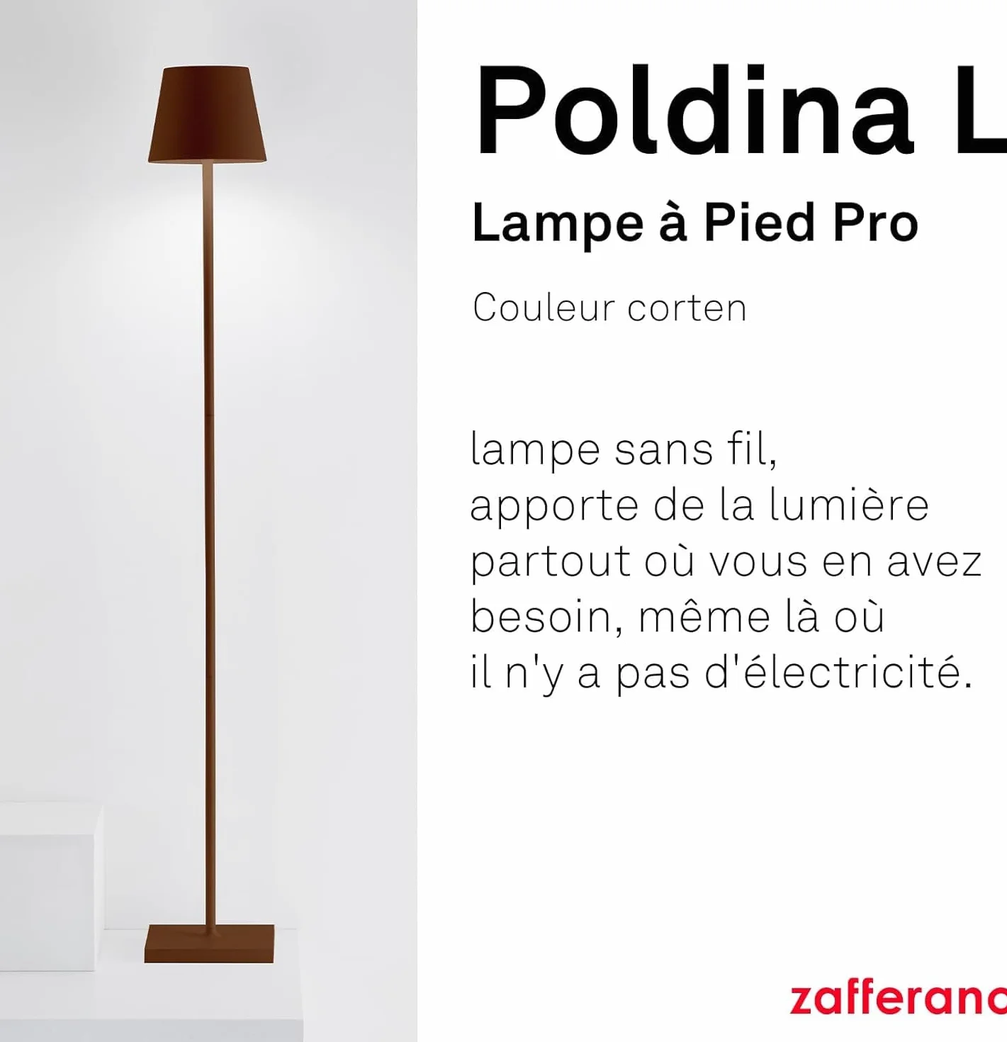 Zafferano Lampada Poldina L Lampadaire Rechargeable Sans Fil Contrôle Tactile Dimmer 2200-3000 K Hauteur Réglable 52-122 cm Couleur Corten