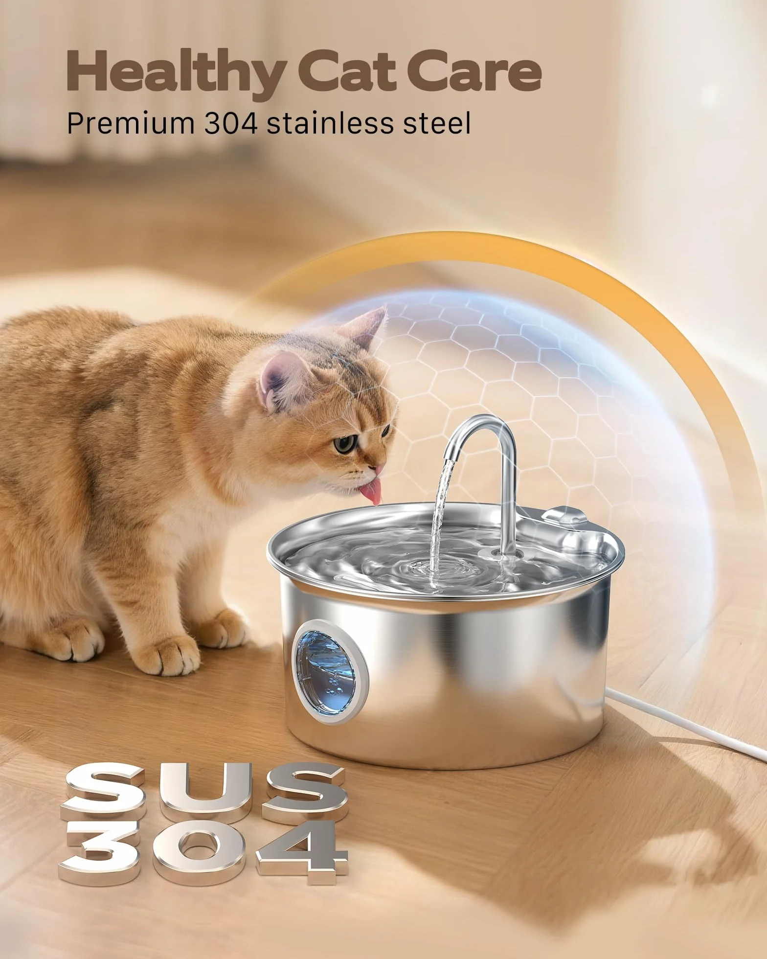 Fontaine à Eau pour Chat INOX 2,6L Automatique Silencieuse avec Fenêtre de Niveau d'eau