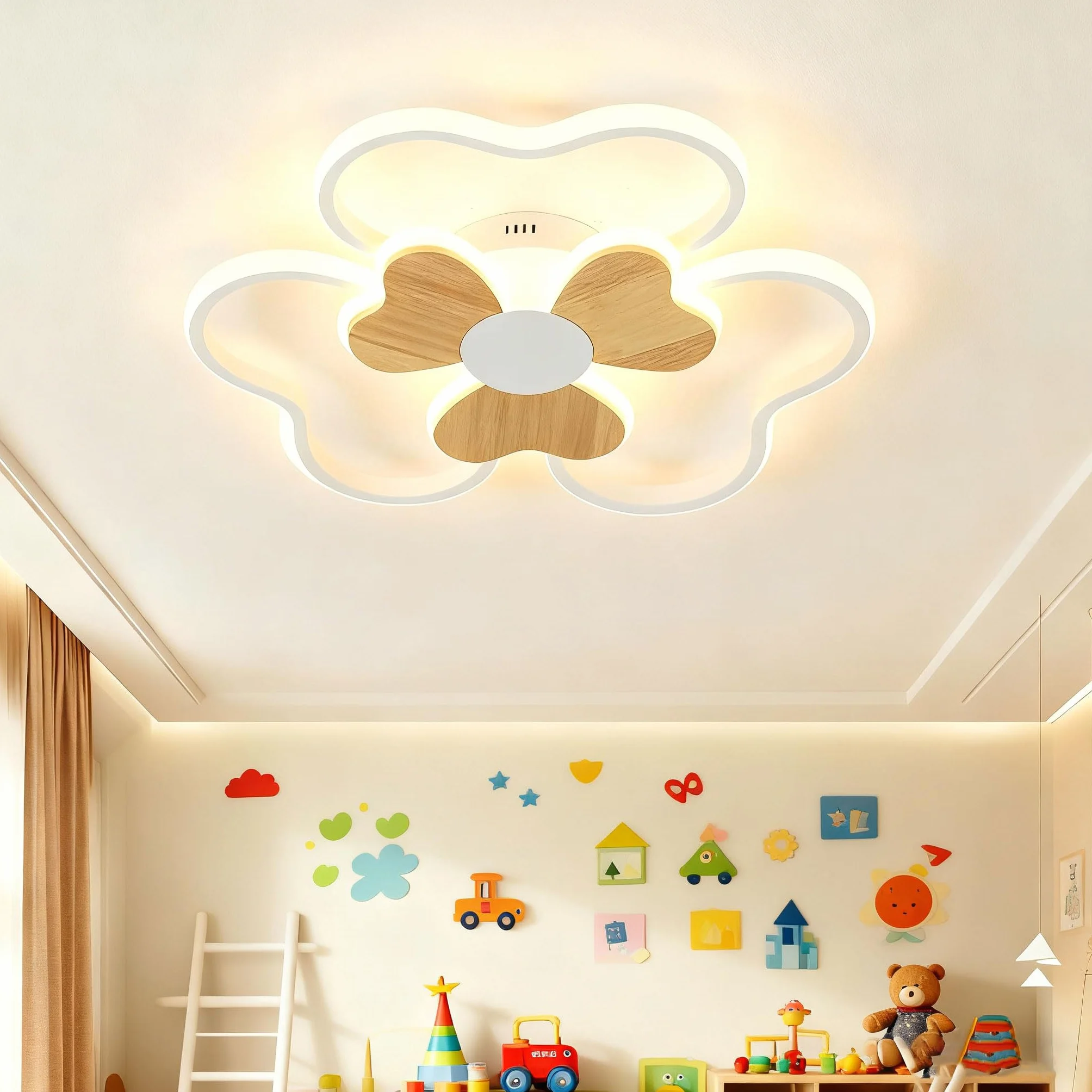 Plafonnier LED 48W 50cm Forme Fleur Bois Dimmable avec Télécommande 3000K-6000K