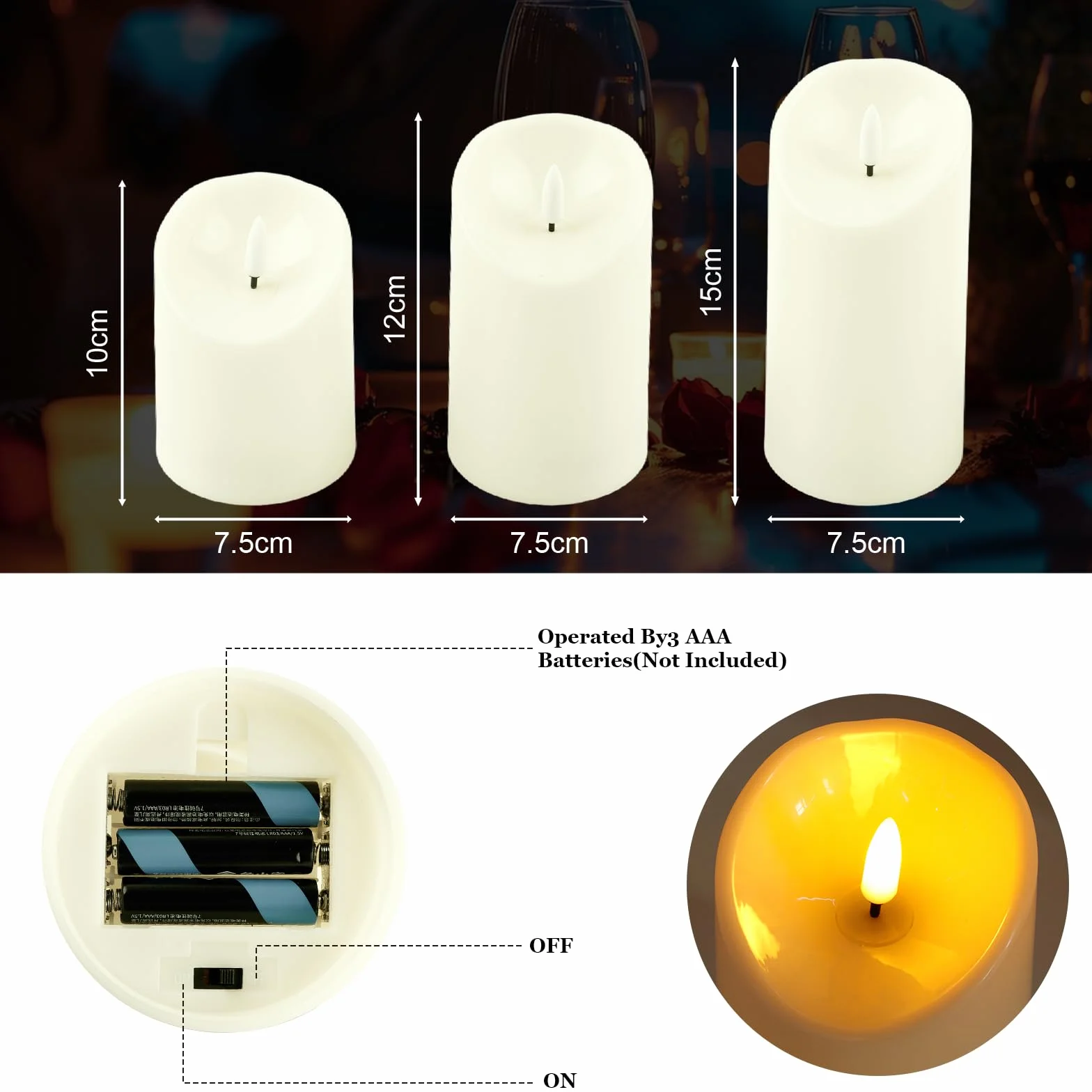 Bougies LED Rechargeables Lot de 3 avec Télécommande Flamme Vacillante Réaliste 10/12.5/15 cm
