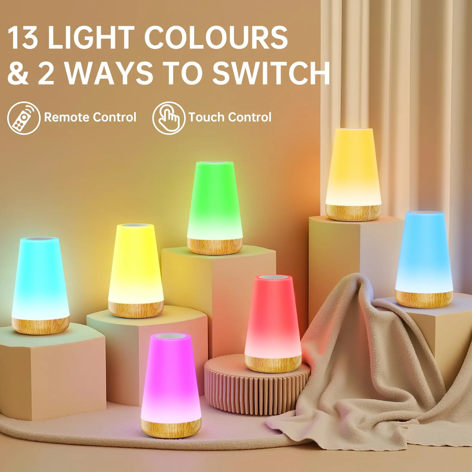 Lampe de Chevet LED Rechargeable 13 Couleurs 5 Niveaux Tactile Veilleuse Sans Fil Enfant