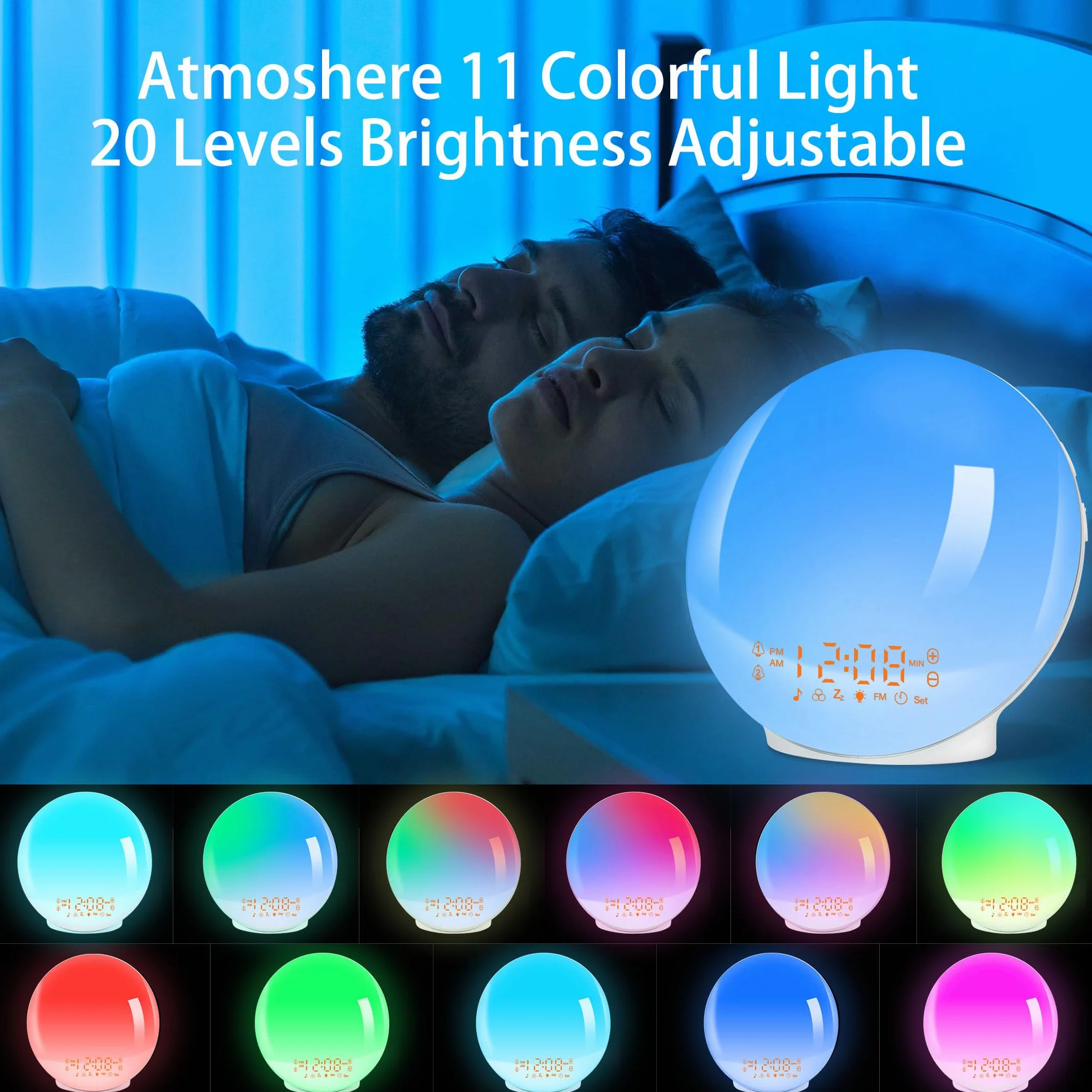 Eveil Lumière LED Radio Réveil Matin Lumineux Lampe de Chevet 20 Niveaux Luminosité Simulateur Aube Crépuscule 2 Réveils 7 Sons Naturels Snooze Veilleuse 11 Couleurs