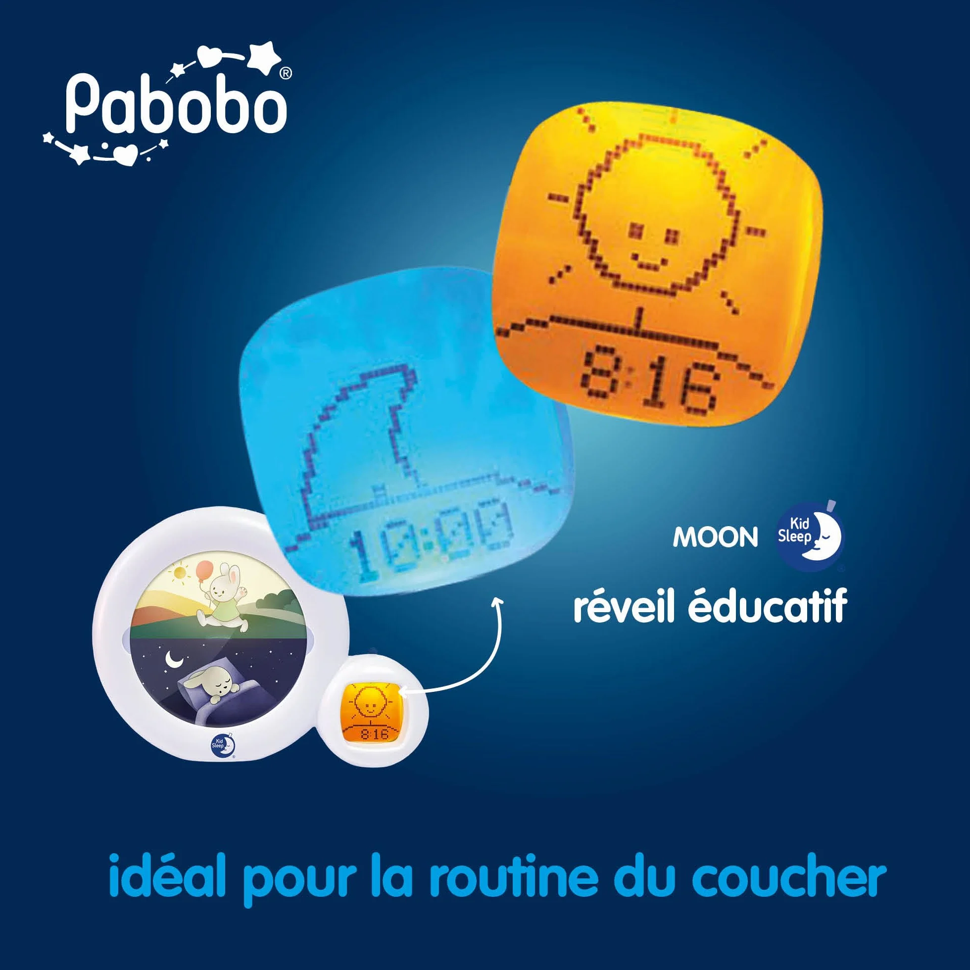 Pabobo x Kid Sleep Réveil Educatif Enfant Jour Nuit Musical Veilleuse Réveil Moon 3 en 1 Blanc