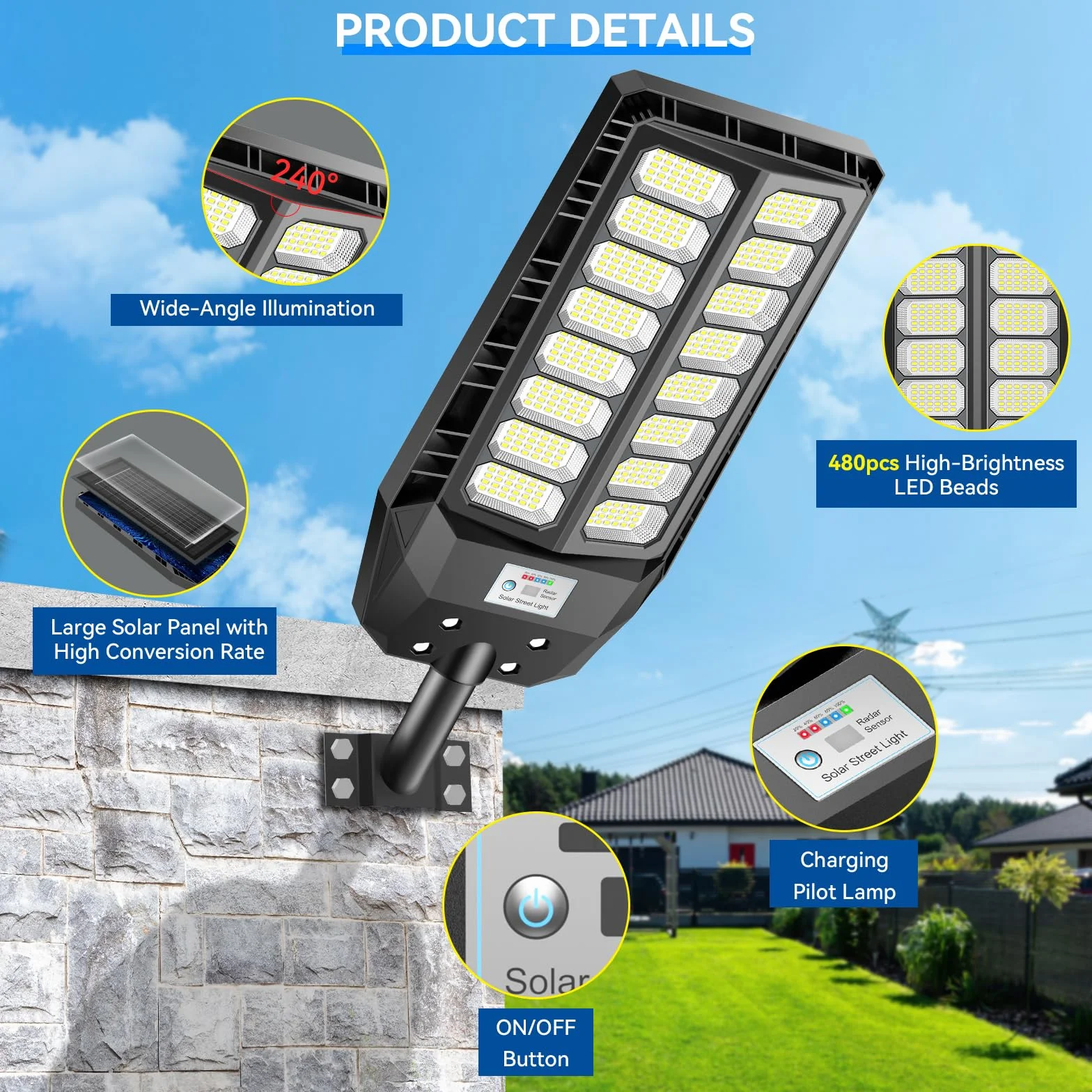 Adewalk 800W*2 Lampe Solaire Extérieure IP66 avec Télécommande et Capteur de Mouvement, 6500K LED Jardin Garage Rue