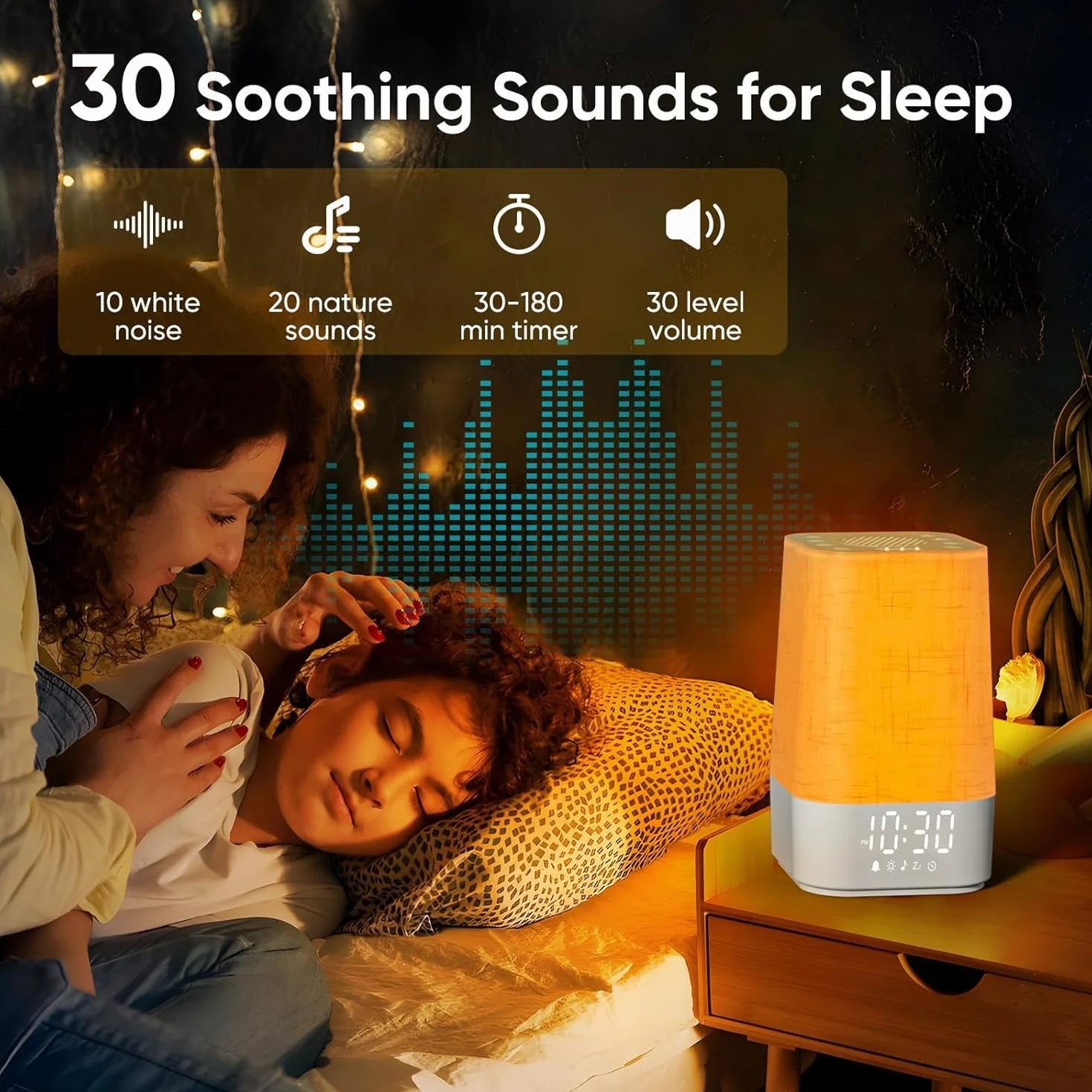 Réveil Lumineux Simulateur d'Aube avec 30 Sons, Lampe de Chevet à Intensité Variable, Charge, Snooze, Minuteur