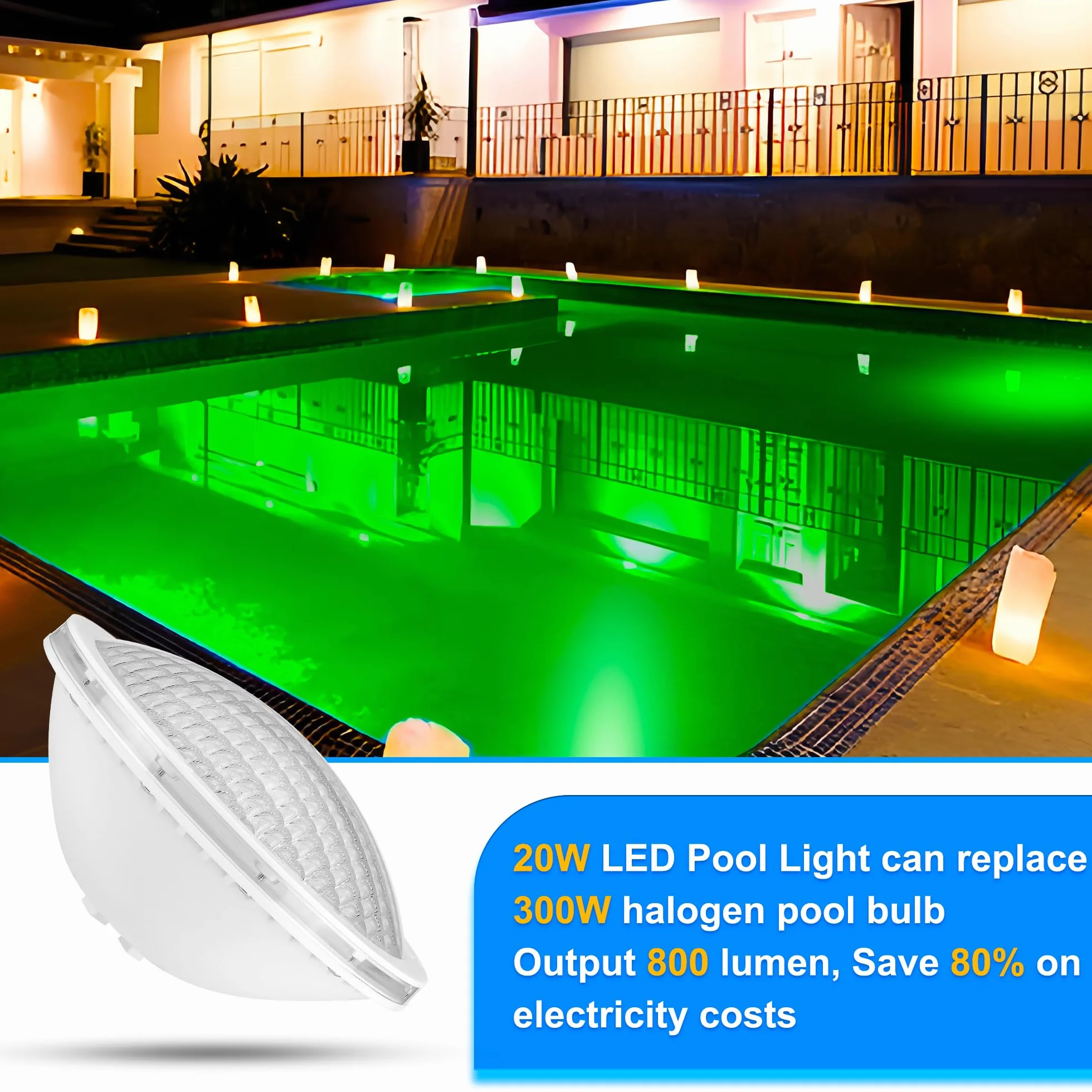 Projecteur Piscine LED PAR56 20W RGB Dimmable 800lm IP68 12V AC avec Télécommande