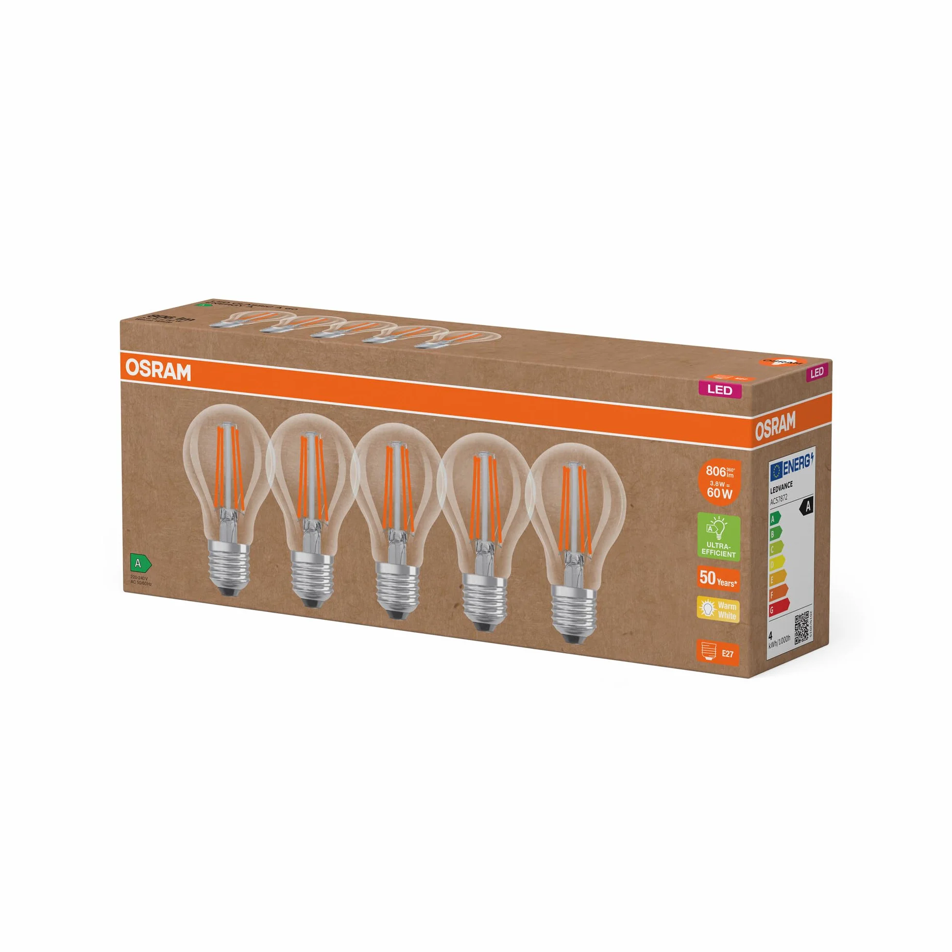 Osram Ampoules LED E27 5 Pack Blanc Chaud 60W Remplacement