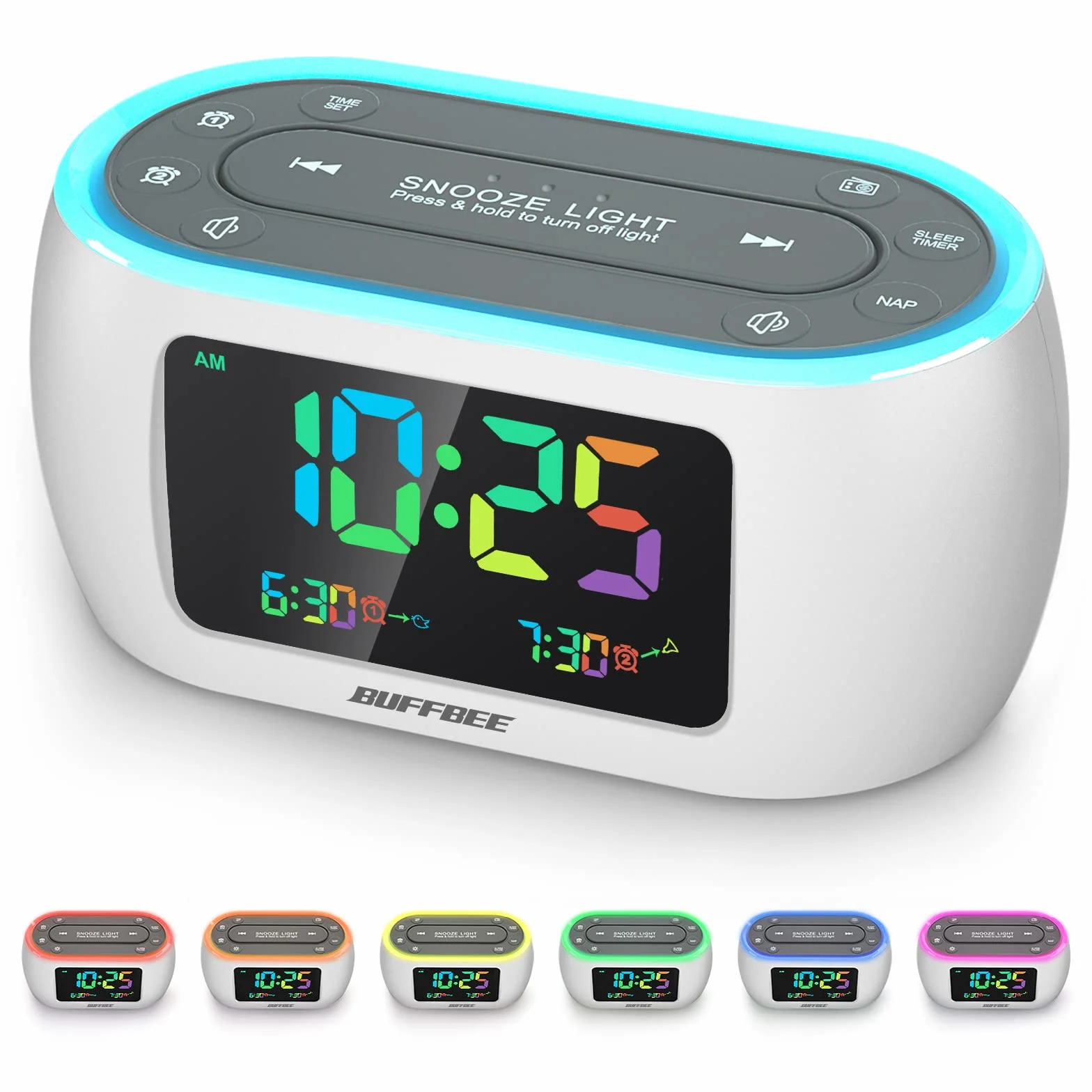 BUFFBEE Radio-réveil FM avec double alarme, veilleuse 7 couleurs, chargeur USB et variateur