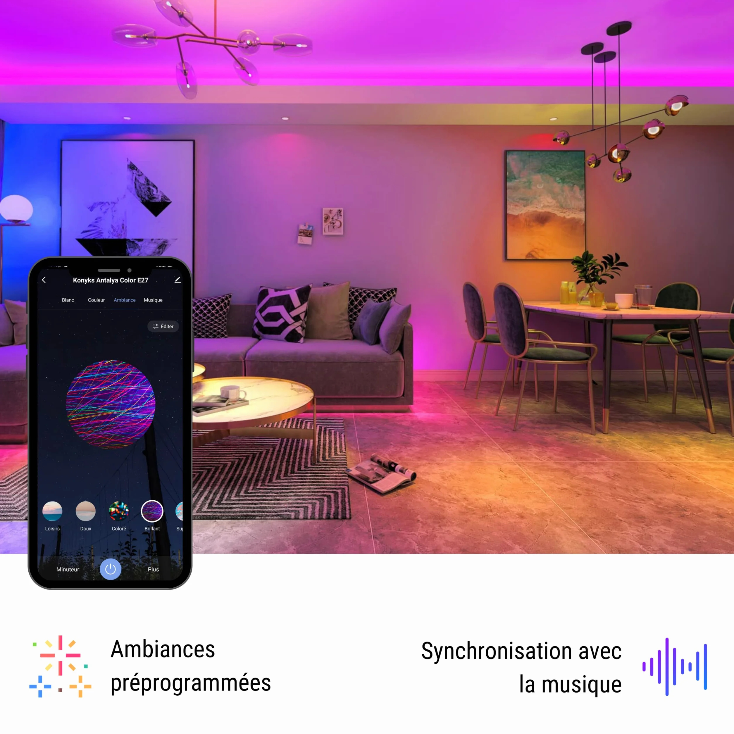 Konyks Ampoule connectée Antalya Color E27 LED WiFi BT 1055 Lumens 11 W Couleurs Blanc réglable compatible Alexa Google Home
