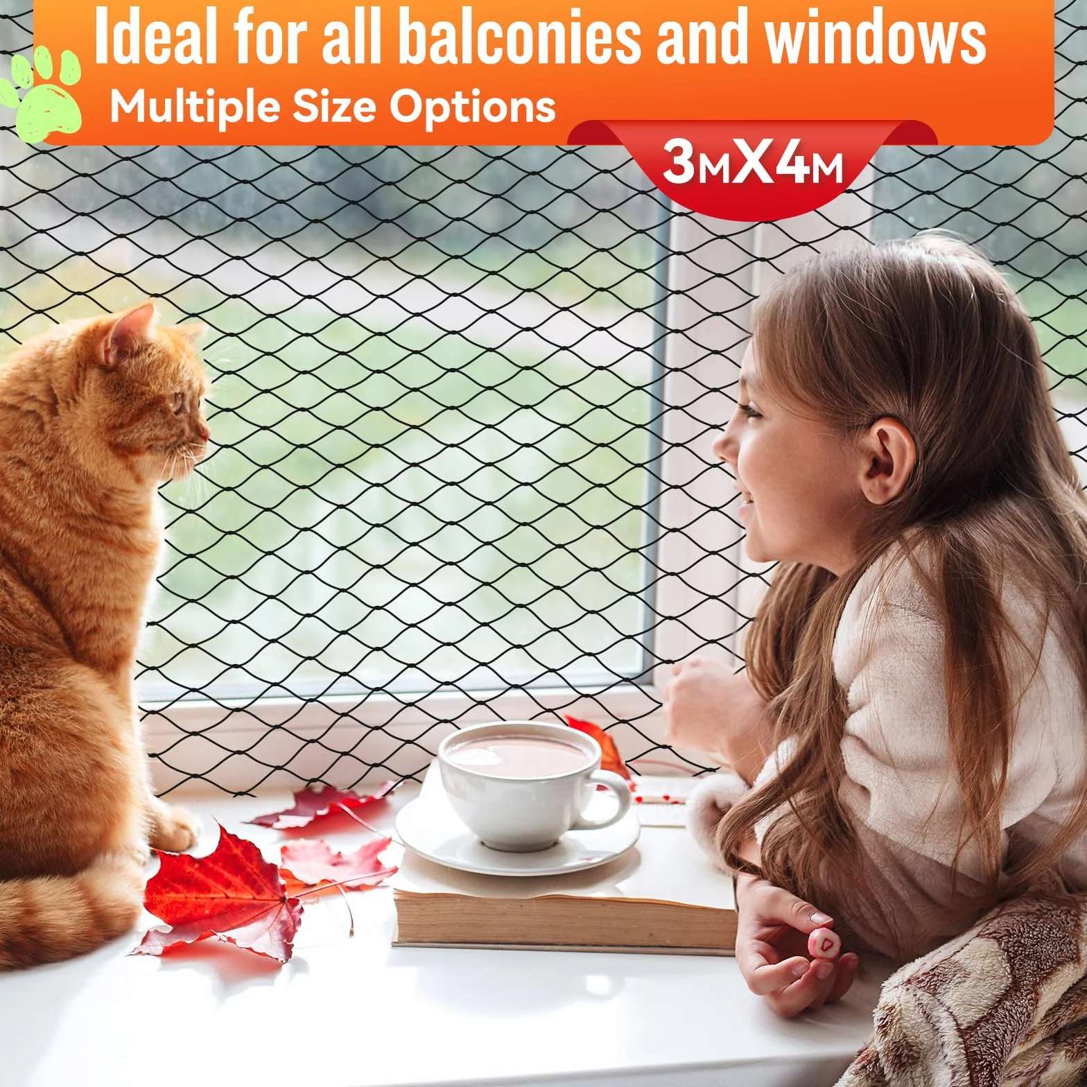 CENOVE Filet de Protection Renforcé Chat 3x4M Balcon Sécurité Anti-Chute avec Crochets